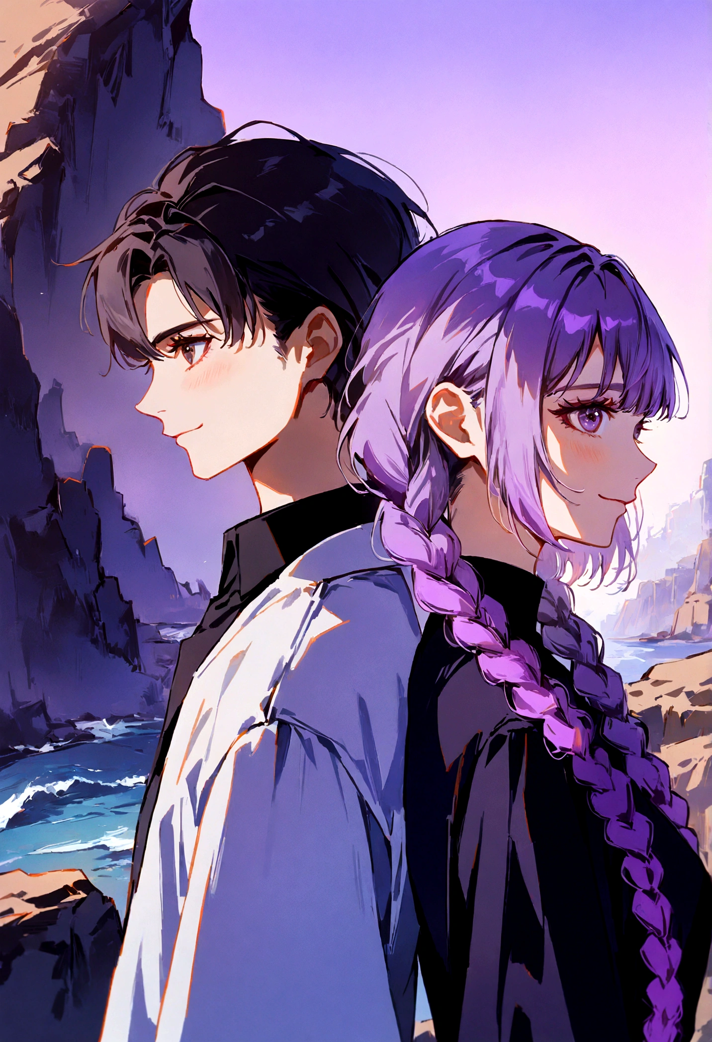 Two people, One girl and one guy, good looking, Girls Double Braids, (((White to purple gradient hair))), smiling, Back to Back, Profile, side by side on a rocky cliff, Next Generation, Genesis Background, ƒ/1.9, 8k, UHD, highres, best quality, high details