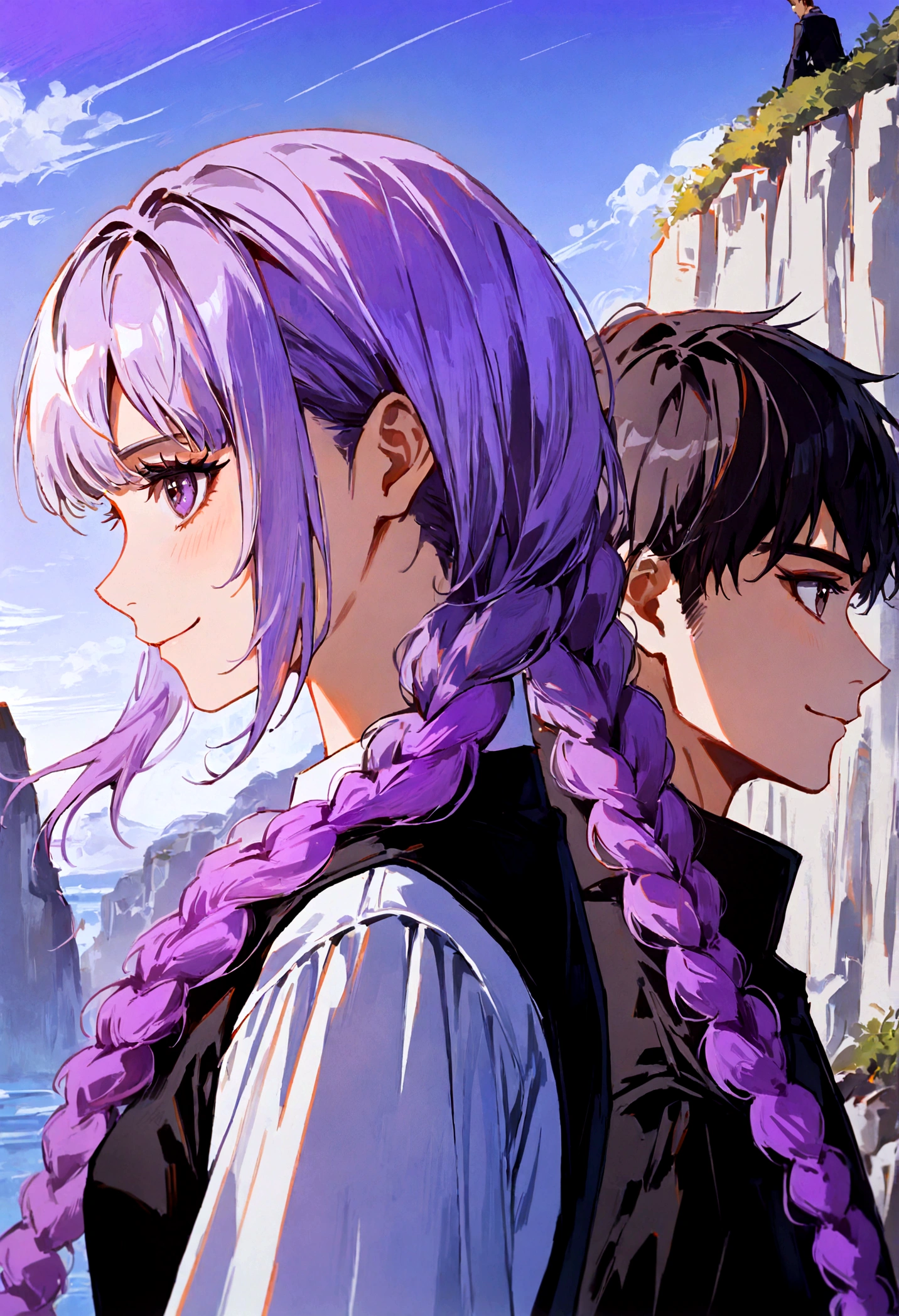 Two people, One girl and one guy, good looking, Girls Double Braids, (((White to purple gradient hair))), smiling, Back to Back, Profile, side by side on a rocky cliff, Next Generation, Genesis Background, ƒ/1.9, 8k, UHD, highres, best quality, high details