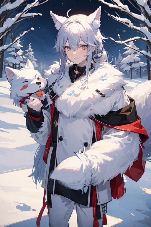 When the boy turned 27。Put husky ears on your head。With two big huskies around