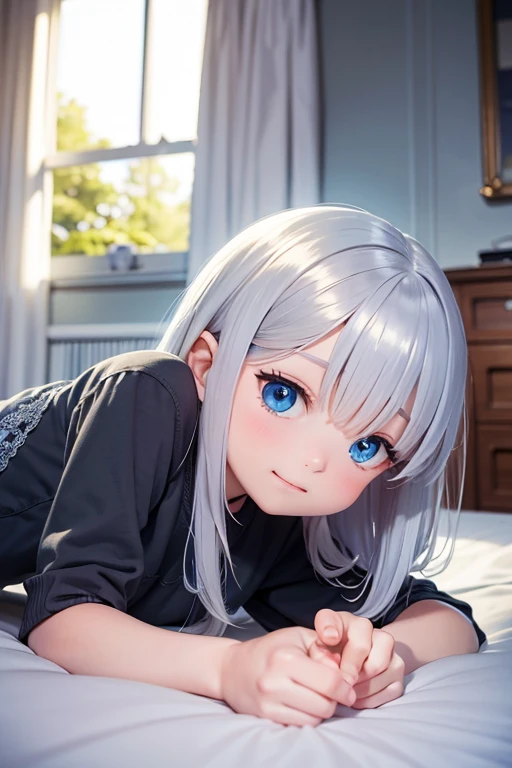 （Best quality：0.8），（Best quality：0.8），perfect anime illustration，2 characters: Beautiful and cute busty blue-eyed hooligan girl with short black hair and  little sister with long silver hair(silver hair:1.1) and very small breasts, sleep in the same bed，Expect close-up portraits，Upper body，The picture is gentle and harmonious，bedroom, primluššzhnníy world, twilight, faded gray tones 