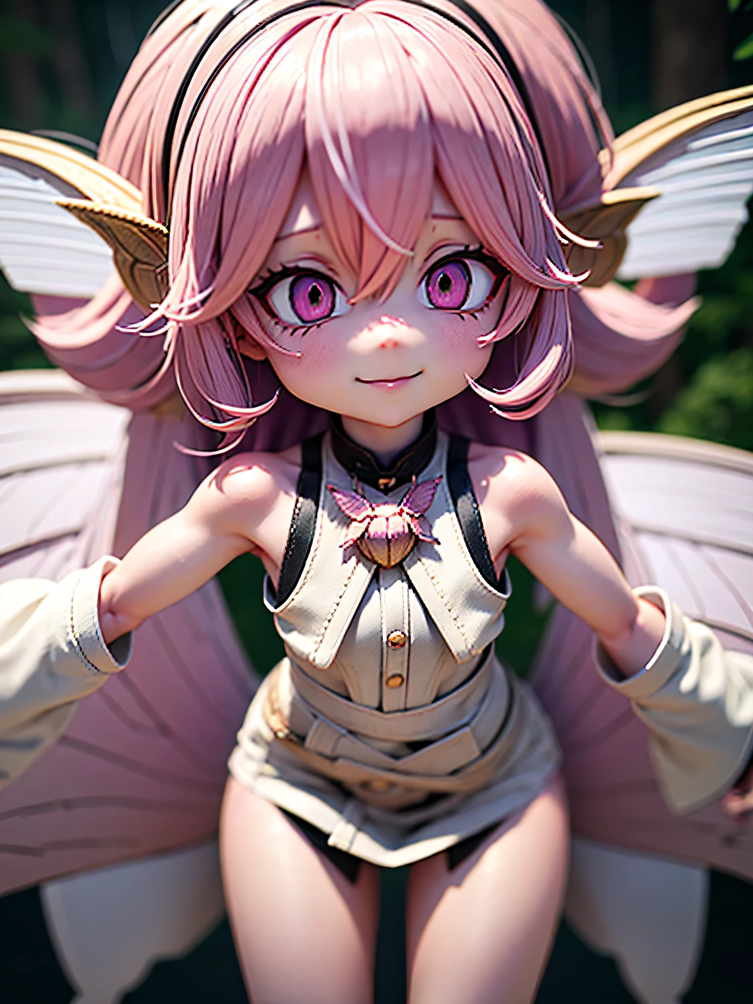 solo,1woman\(cute,kawaii,small kid,skin color white,short pink hair,(big moth wing hair:1.7),white dress\(beautiful race\),(2moth antennaes at hair:1.2),big evil smile,[moth wing on back:2.0],[moth wing on body:2.0],[moth wings:2.0],[extra arm],moth wing is only at hair\),background\(dappled sunlight,beautiful forest,dark,\), BREAK ,quality\(8k,wallpaper of extremely detailed CG unit, ​masterpiece,hight resolution,top-quality,top-quality real texture skin,hyper realisitic,increase the resolution,RAW photos,best qualtiy,highly detailed,the wallpaper,cinematic lighting,ray trace,golden ratio,\),close up face