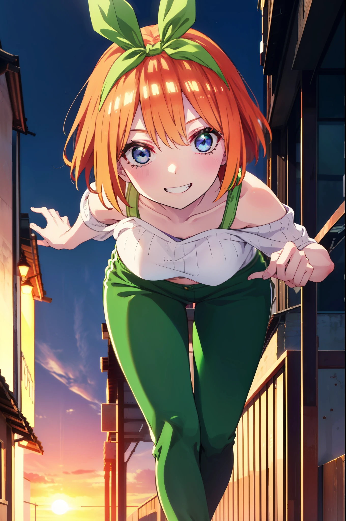 yotsubanakano, yotsuba nakano, bangs, short hair, blue eyes, Hair between the eyes, hair ribbon, hair band, Orange Hair, (Green ribbon:1.5), smile, Grin,Cold shoulder tops,skinny pants,Stiletto heels,Walking Sunset,evening,The sun is setting,whole bodyがイラストに入るように,
break outdoors, In town,Building district,
break looking at viewer, whole body,
break (masterpiece:1.2), highest quality, High resolution, unity 8k wallpaper, (figure:0.8), (Beautiful fine details:1.6), Highly detailed face, Perfect lighting, Highly detailed CG, (Perfect hands, Perfect Anatomy),