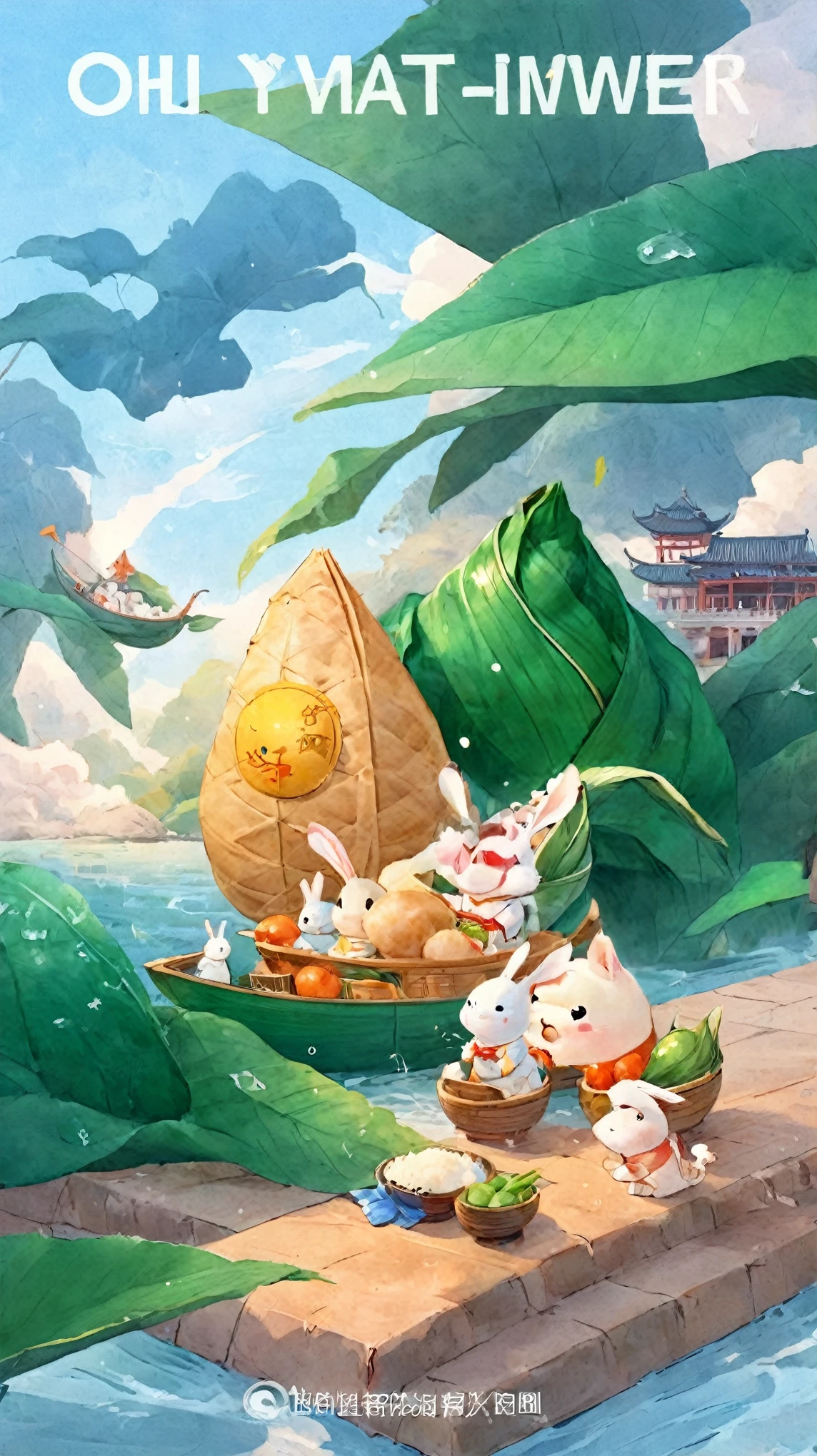 sticky rice, bamboo leaves, Zongzi with white rice exposed, Rice dumpling wrapped in rice dumpling leaves, 4 rice dumplings stacked,white rice rice balls, A little splash, A beautiful artistic illustration, by Yan Hui, Hand drawn cartoon art style, author：Li Song, Official Fanart, daytime，Exquisite，HD，There are details, Best quality), extremely delicate and beautiful, Amazing, finely detail, masterpiece, ultra-detailed, highres, best illustration, best shadow, intricate, depth of field, sharp focus, high quality, Fujifilm XT3