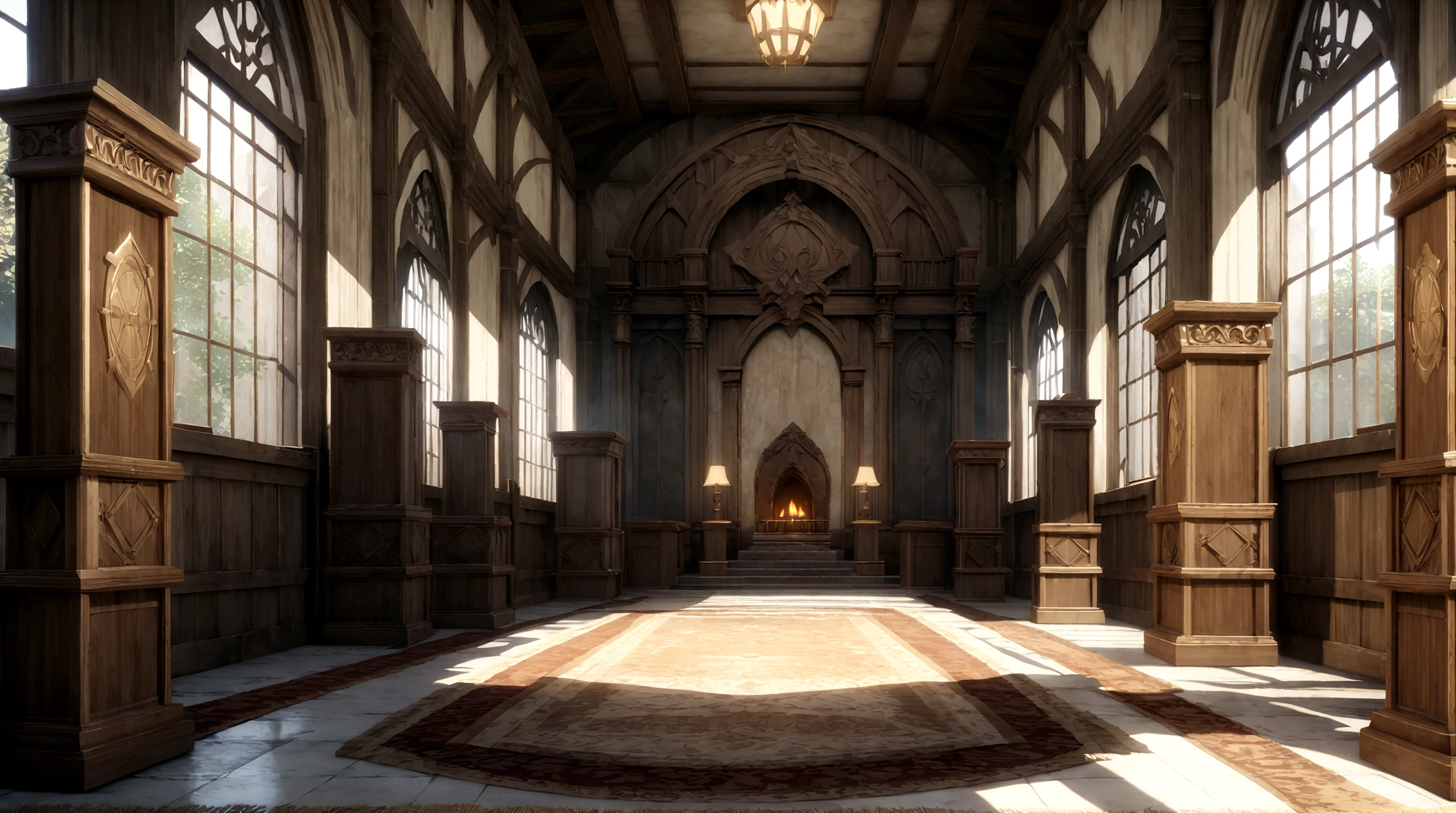 anime aestrrics, game render, anime lanscape, nord architecture, hall of fame, banners on the wooden collumns, fireplace iin the center, throne room, throne on the back of the room, heroic atmosphere, ornate carpet on the floor, dining hall, jarls keep, wide shot, highres, 4K, 8k, best quality, award winning, super detail, masterpiece