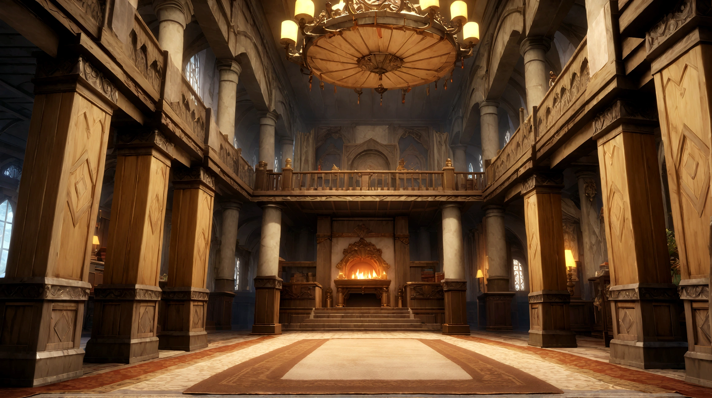 anime aestrrics, game render, anime lanscape, nord architecture, hall of fame, banners on the wooden collumns, fireplace iin the center, throne room, throne on the back of the room, heroic atmosphere, ornate carpet on the floor, dining hall, jarls keep, wide shot, highres, 4K, 8k, best quality, award winning, super detail, masterpiece