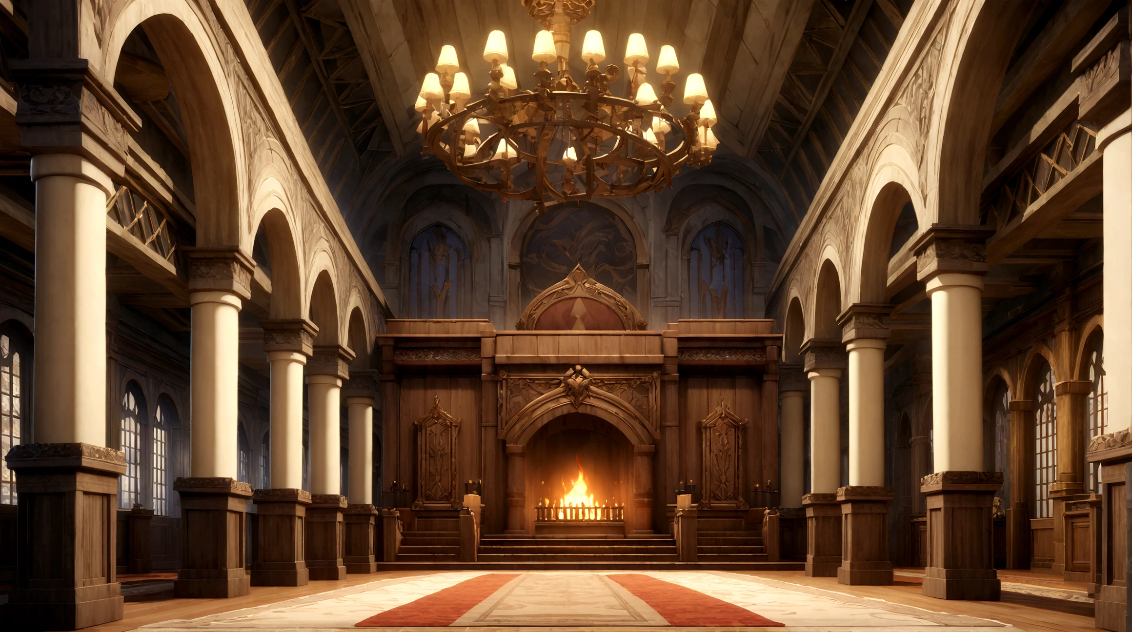 anime aestrrics, game render, anime lanscape, nord architecture, hall of fame, banners on the wooden collumns, fireplace iin the center, throne room, throne on the back of the room, heroic atmosphere, ornate carpet on the floor, dining hall, jarls keep, wide shot, highres, 4K, 8k, best quality, award winning, super detail, masterpiece