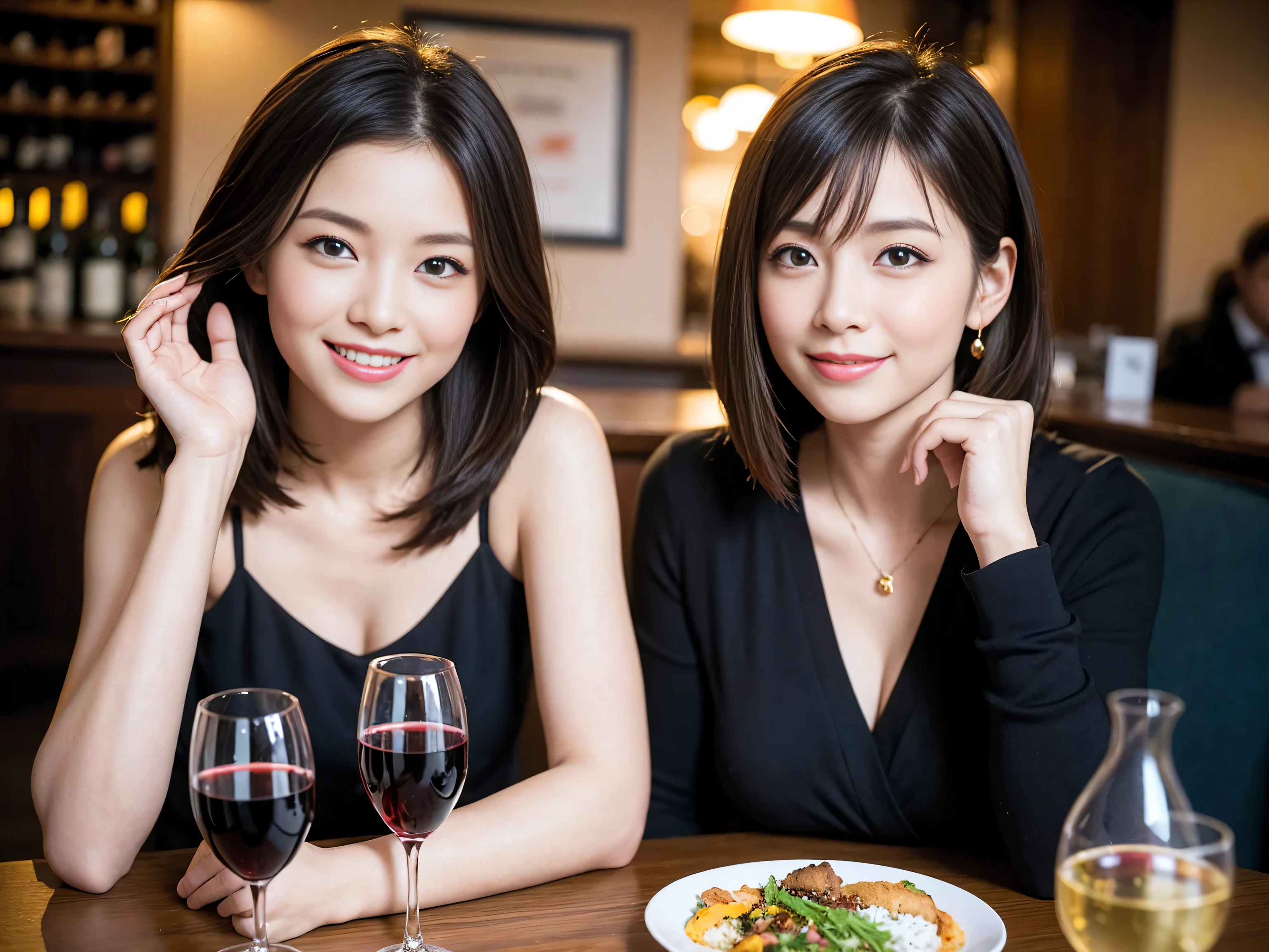 ((highest quality、8k、masterpiece:1.3))、1 male、1 woman who resembles Satomi Ishihara、Couple、Spouse、Couple、The body is slim、((Bob Hale、Straight hair:1.2)), (Realistic, Intricate details:1.2), Wine glass on the table、Put the light on your face、 Amazing view of the sunset sky and clouds、Amazing mountain views、A bright smile、The wonderfulness of smile、Bright image、The beauty of wine, Beautiful Face, blue eyes, The light shines on your face, Blushing, short hair,Bright Face、 (42 years old), 39 years old, red wine 、Appetizers、Italian food、Wine bottle、Champagne、sparkling wine、Two beauties、Brown Hair、Shortcuts、Long sleeve shirt、dress、Pretty Woman 1, (Slim face), (The body is slim), (Brown Hair), (Shortcuts), cheeks turn a little red,Attractive beauty、restaurant, In a prominent place (From the waist up) Nova Frog Style, actress, model, Upper Body, White wine, slim, wine glass, A wine glass placed in the center, smile, (smile: 1.15), Beautiful fine grain, Depth f/2,saturation, High Contrast, Strong light and shadow,Moist Body:1.5、3D texture、Delicate eyes、Brown Hair、The hair is very shiny、