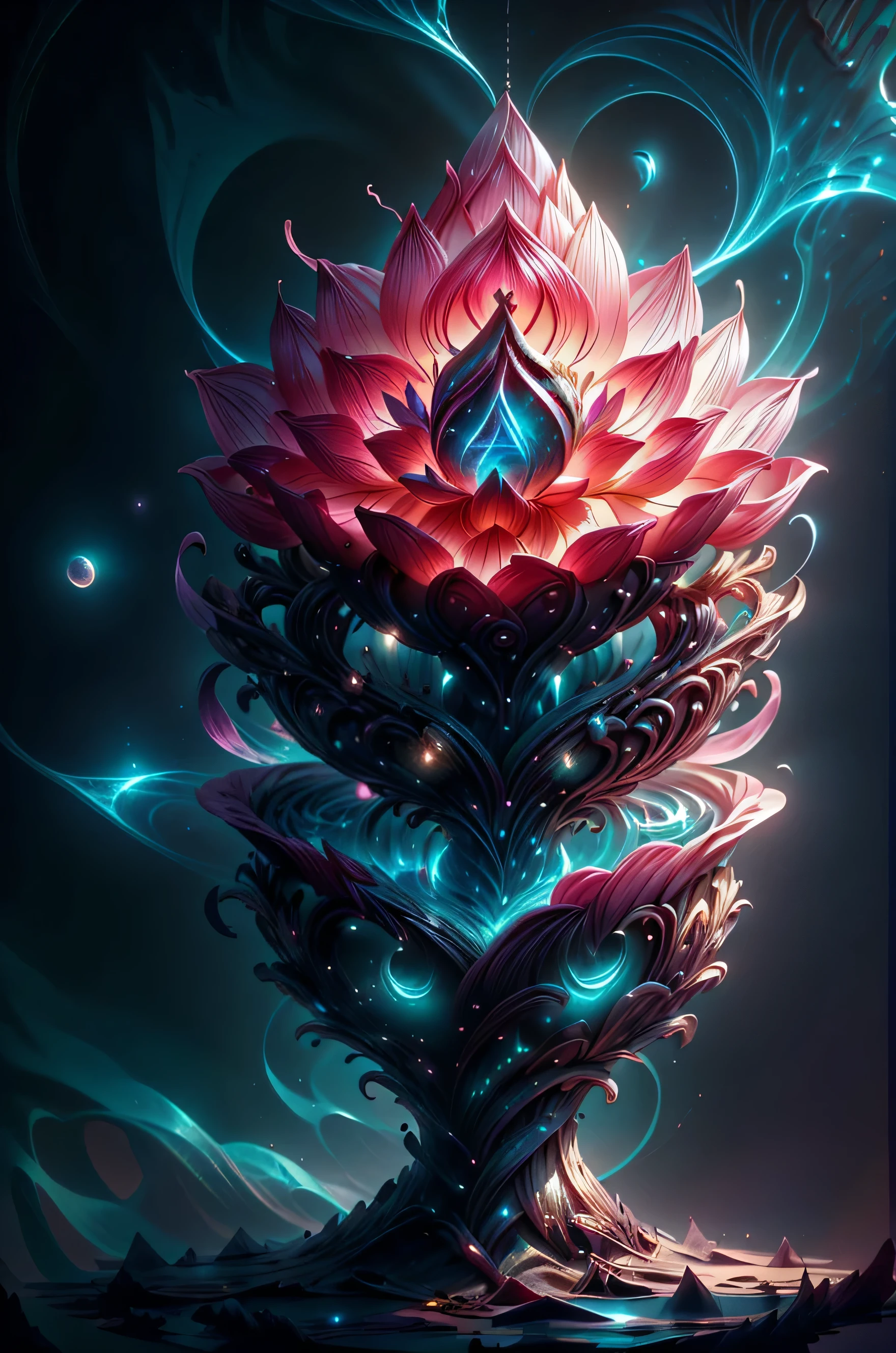 beautiful lotus flower blossoming forth from the depths of the universe, simple yet elegant design of a lotus flower, seed of life, sacred geometry, glimmering, stardust, Bioluminescence, GlowingRunes_pink