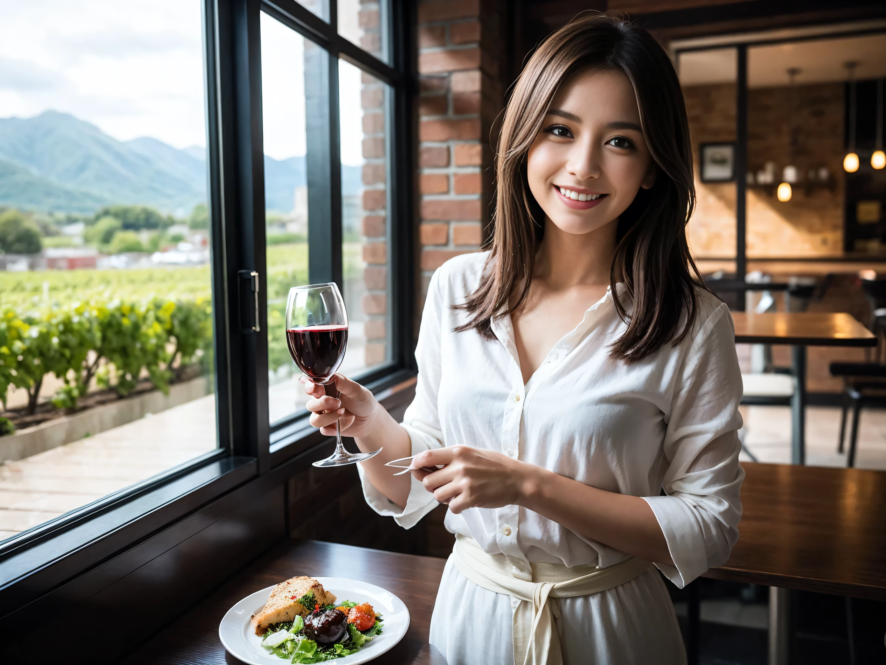 ((highest quality、8k、masterpiece:1.3))、1 male、1 woman who resembles Satomi Ishihara、Couple、Spouse、Couple、The body is slim、((Bob Hale、Straight hair:1.2)), (Realistic, Intricate details:1.2), Wine glass on the table、Put the light on your face、 Amazing view of the sunset sky and clouds、Amazing mountain views、A bright smile、The wonderfulness of smile、Bright image、The beauty of wine, Beautiful Face, blue eyes, The light shines on your face, Blushing, short hair,Bright Face、 (42 years old), 39 years old, red wine 、Appetizers、Italian food、Wine bottle、Champagne、sparkling wine、Two beauties、Brown Hair、Shortcuts、Long sleeve shirt、dress、Pretty Woman 1, (Slim face), (The body is slim), (Brown Hair), (Shortcuts), cheeks turn a little red,Attractive beauty、restaurant, In a prominent place (From the waist up) Nova Frog Style, actress, model, Upper Body, White wine, slim, wine glass, A wine glass placed in the center, smile, (smile: 1.15), Beautiful fine grain, Depth f/2,saturation, High Contrast, Strong light and shadow,Moist Body:1.5、3D texture、Delicate eyes、Brown Hair、The hair is very shiny、