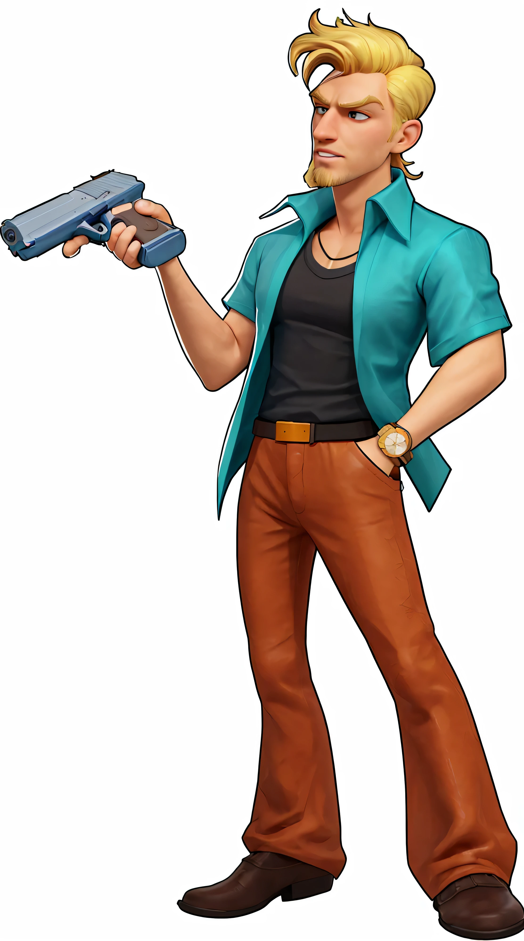 A man，Blonde Hair，Fluffy hair，Blue Shirt，Orange pants，Brown leather shoes，Realistic texture，Real Texture，With a pistol，Studio photography，3d，Rich details，High Definition