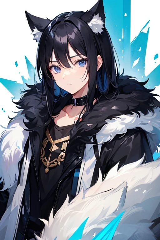 39 years old。Black Hair。Husky dog with furry ears。Blue eyes。Cool impression with narrow eyes。Handsome。He's like a really reliable older brother.。There are two big, cool huskies around.