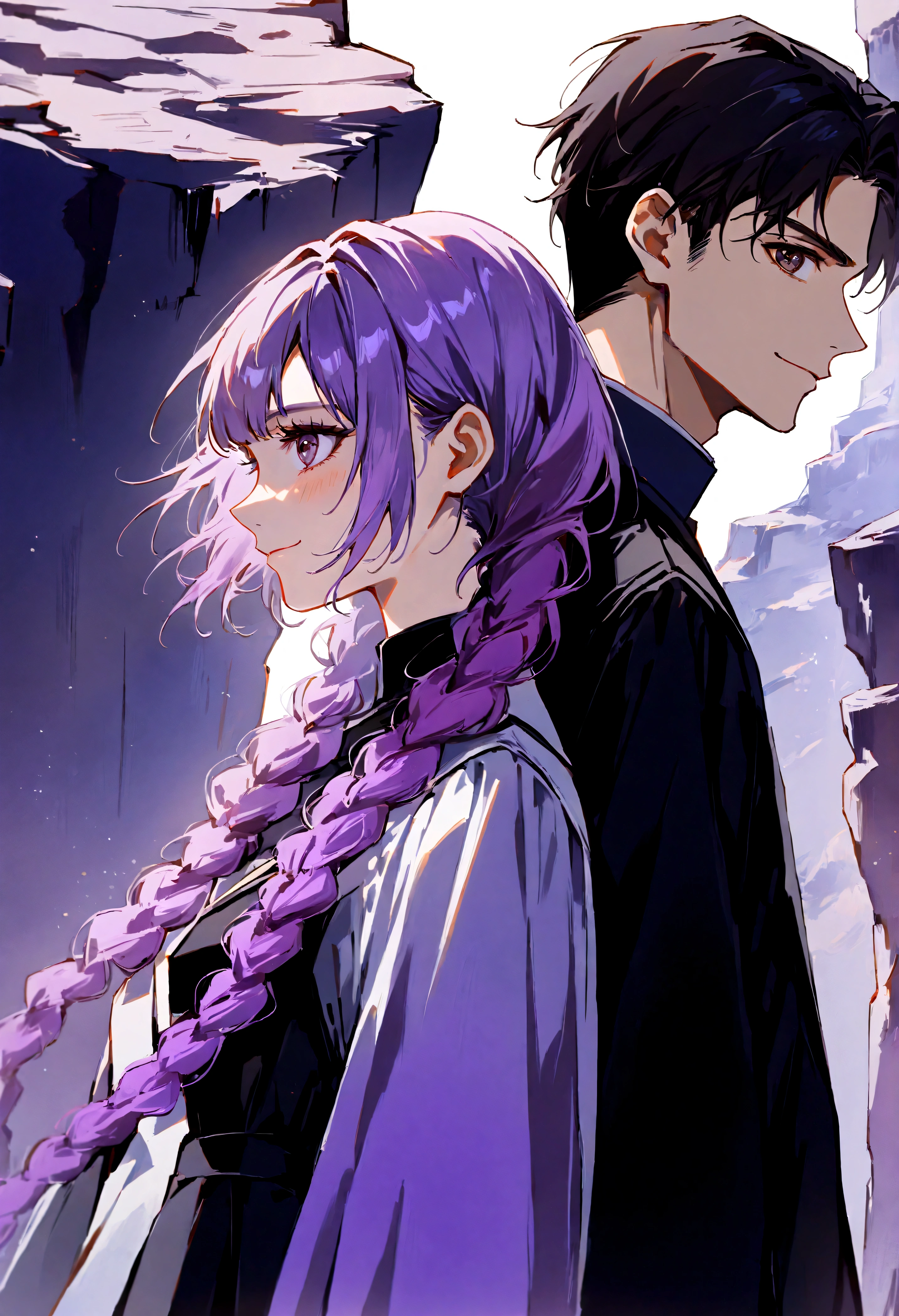 Two people, One girl and one guy, good looking, Girls Double Braids, (((White to purple gradient hair))), smiling, Back to Back, Profile, side by side on a rocky cliff, Next Generation, Genesis Background, ƒ/1.9, 8k, UHD, highres, best quality, high details