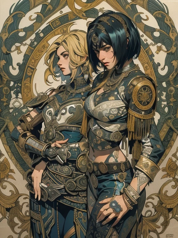 (((mulheres))), (((Melhor qualidade))), (((Obra-prima))), (((adulto))), (((1 garota))), ((( corte de pelo bob ))), ((( Latim ))), ((( pele escura ))), Uma gladiadora cyberpunk mulheres de 25 anos com corpo perfeito, ombreiras com pontas de metal, Gladiadores do Brooklyn, bronzeada (( corte de pelo bob )), diminutas bragas de cuero, ripped rugby t-shirt, quase nu com o estilo urbano selvagem de Simon Bisley para capa da revista Heavy Metal, cabelo loiro curto, Minimal clothing, Metal protection on the left arm with complex graphics.., vermelho desbotado com estrelas brancas e estampa paisley azul marinho e branca, Armor painted with aggressive graphics., cheio de pontas e rebites, (((do joelho para cima))), no fundo uma parede pintada por Shepard Fairey com um design intrincado