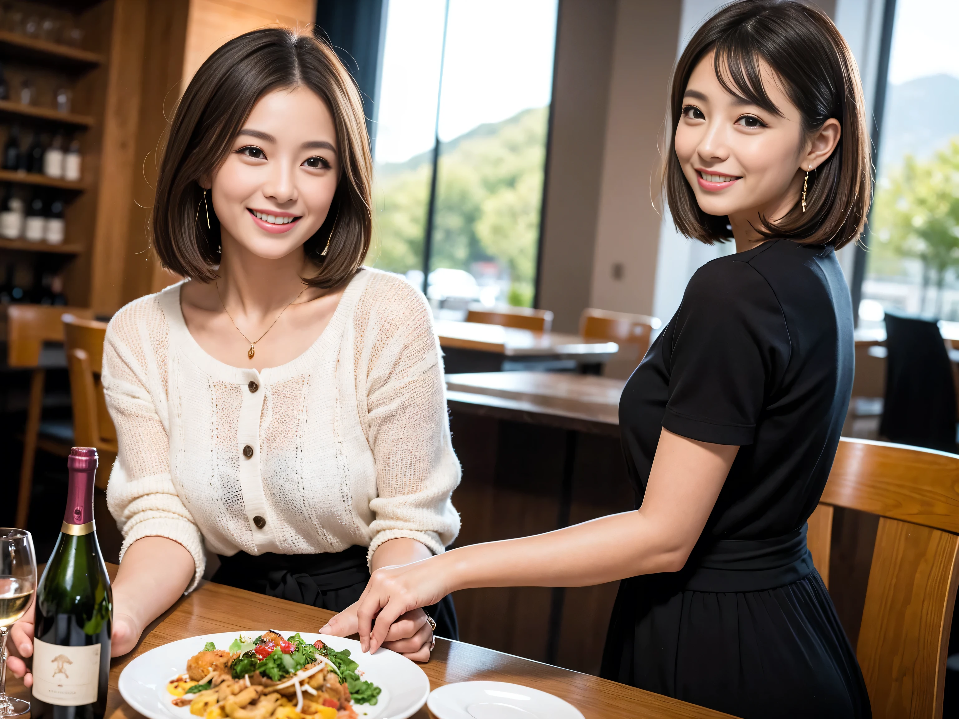 ((highest quality、8k、masterpiece:1.3))、1 male、1 woman who resembles Satomi Ishihara、Couple、Spouse、Couple、The body is slim、((Bob Hale、Straight hair:1.2)), (Realistic, Intricate details:1.2), Wine glass on the table、Put the light on your face、 Amazing view of the sunset sky and clouds、Amazing mountain views、A bright smile、The wonderfulness of smile、Bright image、The beauty of wine, Beautiful Face, blue eyes, The light shines on your face, Blushing, short hair,Bright Face、 (42 years old), 39 years old, red wine 、Appetizers、Italian food、Wine bottle、Champagne、sparkling wine、Two beauties、Brown Hair、Shortcuts、Long sleeve shirt、dress、Pretty Woman 1, (Slim face), (The body is slim), (Brown Hair), (Shortcuts), cheeks turn a little red,Attractive beauty、restaurant, In a prominent place (From the waist up) Nova Frog Style, actress, model, Upper Body, White wine, slim, wine glass, A wine glass placed in the center, smile, (smile: 1.15), Beautiful fine grain, Depth f/2,saturation, High Contrast, Strong light and shadow,Moist Body:1.5、3D texture、Delicate eyes、Brown Hair、The hair is very shiny、