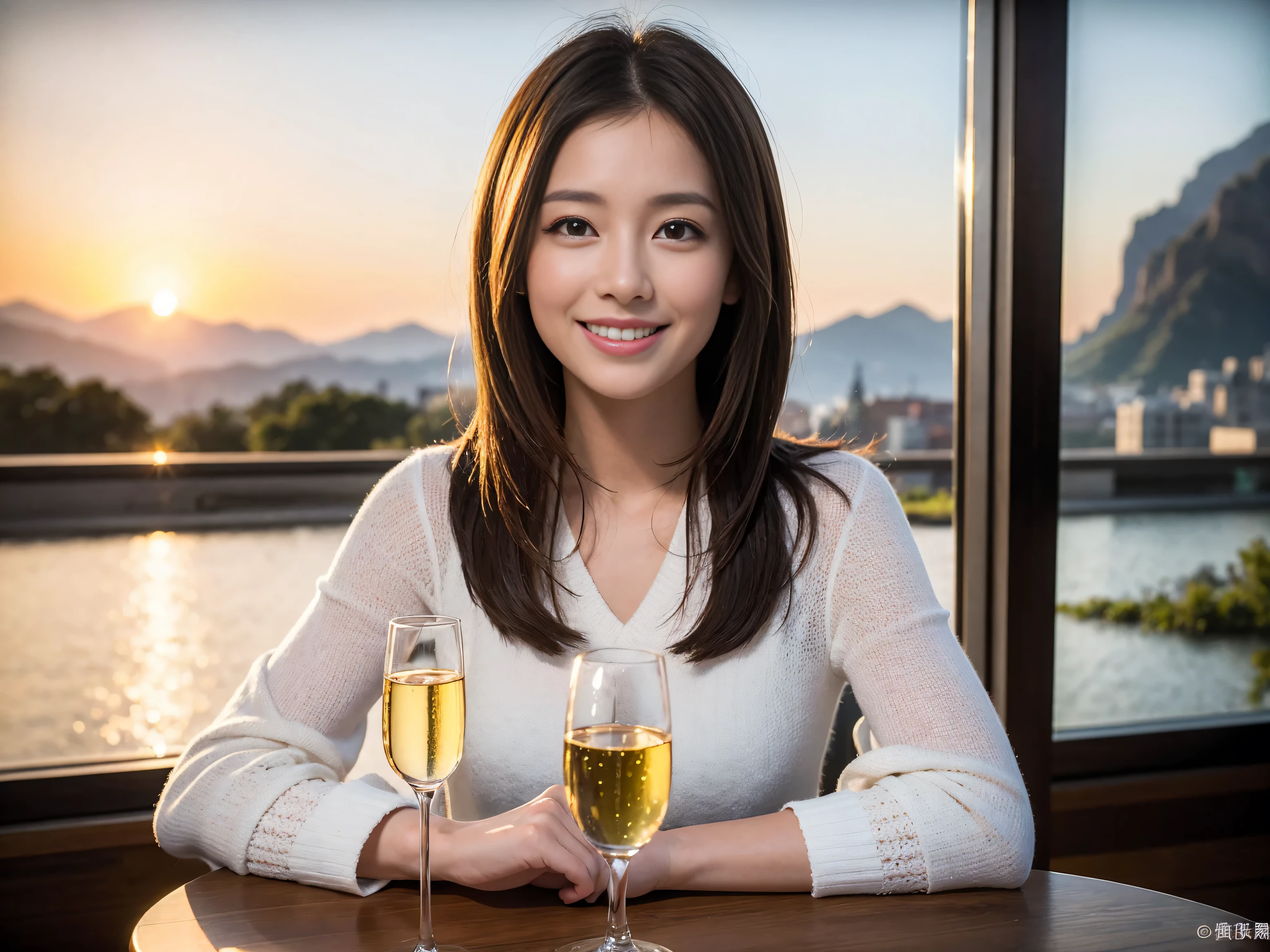 ((highest quality、8k、masterpiece:1.3))、1 male、1 woman who resembles Satomi Ishihara、Couple、Spouse、Couple、The body is slim、((Bob Hale、Straight hair:1.2)), (Realistic, Intricate details:1.2), Wine glass on the table、Put the light on your face、 Amazing view of the sunset sky and clouds、Amazing mountain views、A bright smile、The wonderfulness of smile、Bright image、The beauty of wine, Beautiful Face, blue eyes, The light shines on your face, Blushing, short hair,Bright Face、 (42 years old), 39 years old, red wine 、Appetizers、Italian food、Wine bottle、Champagne、sparkling wine、Two beauties、Brown Hair、Shortcuts、Long sleeve shirt、dress、Pretty Woman 1, (Slim face), (The body is slim), (Brown Hair), (Shortcuts), cheeks turn a little red,Attractive beauty、restaurant, In a prominent place (From the waist up) Nova Frog Style, actress, model, Upper Body, White wine, slim, wine glass, A wine glass placed in the center, smile, (smile: 1.15), Beautiful fine grain, Depth f/2,saturation, High Contrast, Strong light and shadow,Moist Body:1.5、3D texture、Delicate eyes、Brown Hair、The hair is very shiny、