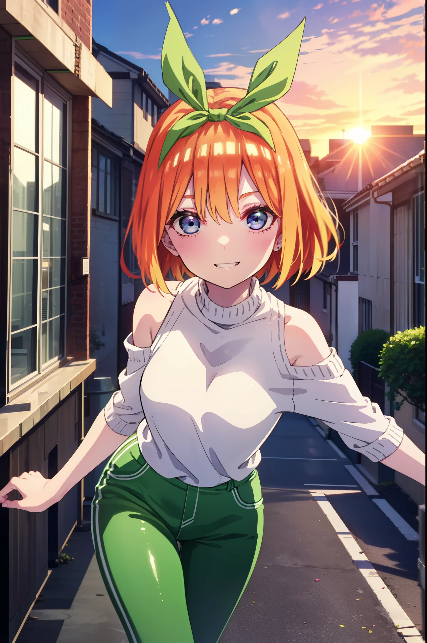 yotsubanakano, yotsuba nakano, bangs, short hair, blue eyes, Hair between the eyes, hair ribbon, hair band, Orange Hair, (Green ribbon:1.5), smile, Grin,Cold shoulder tops,skinny pants,Stiletto heels,Walking Sunset,evening,The sun is setting,whole bodyがイラストに入るように,
break outdoors, In town,Building district,
break looking at viewer, whole body,
break (masterpiece:1.2), highest quality, High resolution, unity 8k wallpaper, (figure:0.8), (Beautiful fine details:1.6), Highly detailed face, Perfect lighting, Highly detailed CG, (Perfect hands, Perfect ),