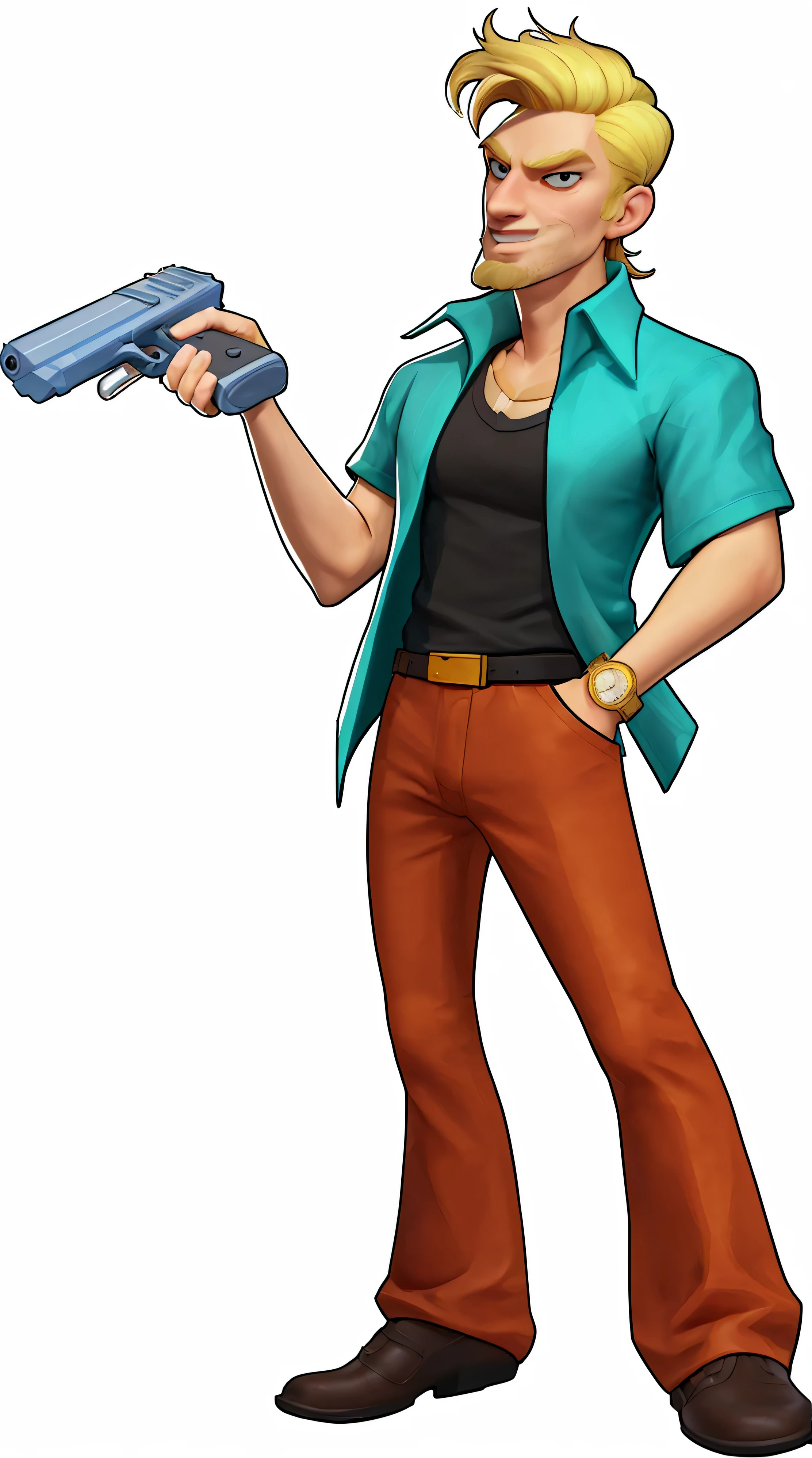 A man,Blonde Hair,Fluffy hair,Blue Shirt,Orange pants,Brown leather shoes,Realistic texture,Real Texture,With a pistol,Studio photography,3d,Rich details,High Definition