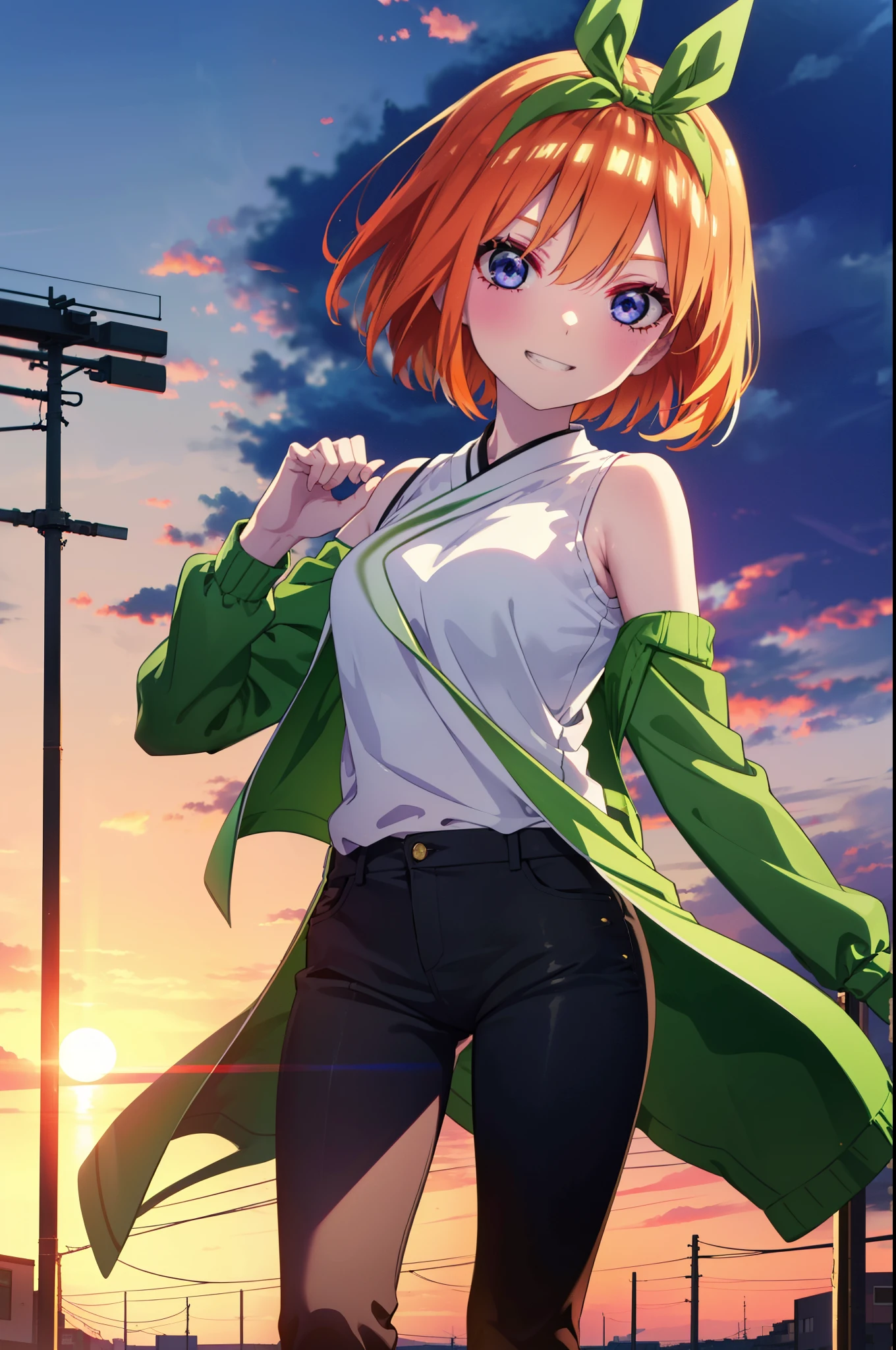 yotsubanakano, yotsuba nakano, bangs, short hair, blue eyes, Hair between the eyes, hair ribbon, hair band, Orange Hair, (Green ribbon:1.5), smile, Grin,Cold shoulder tops,skinny pants,Stiletto heels,Walking Sunset,evening,The sun is setting,whole bodyがイラストに入るように,
break outdoors, In town,Building district,
break looking at viewer, whole body,
break (masterpiece:1.2), highest quality, High resolution, unity 8k wallpaper, (figure:0.8), (Beautiful fine details:1.6), Highly detailed face, Perfect lighting, Highly detailed CG, (Perfect hands, Perfect Anatomy),