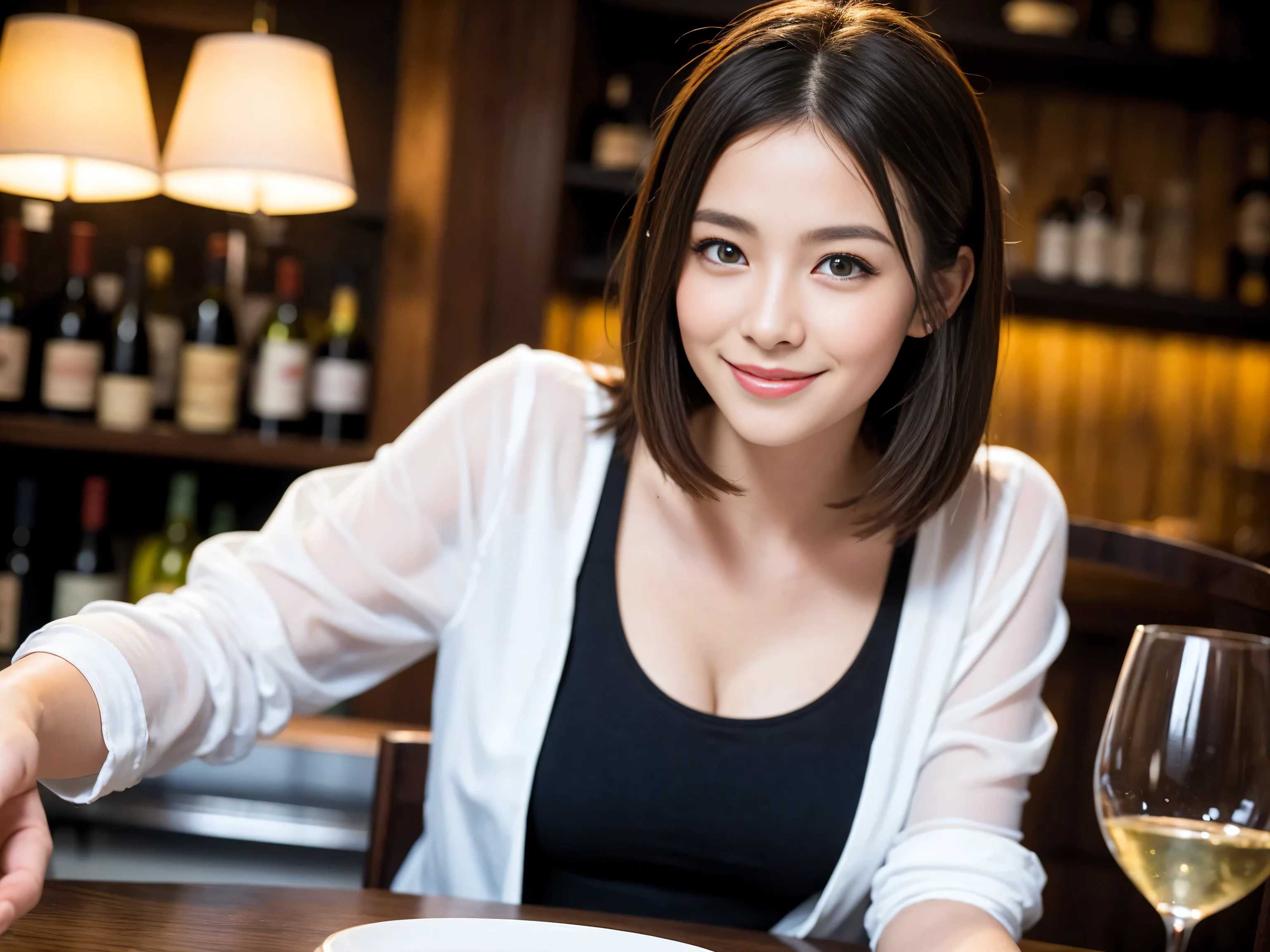 ((highest quality、8k、masterpiece:1.3))、1 male、1 woman who resembles Satomi Ishihara、Couple、Spouse、Couple、The body is slim、((Bob Hale、Straight hair:1.2)), (Realistic, Intricate details:1.2), Wine glass on the table、Put the light on your face、 Amazing view of the sunset sky and clouds、Amazing mountain views、A bright smile、The wonderfulness of smile、Bright image、The beauty of wine, Beautiful Face, blue eyes, The light shines on your face, Blushing, short hair,Bright Face、 (42 years old), 39 years old, red wine 、Appetizers、Italian food、Wine bottle、Champagne、sparkling wine、Two beauties、Brown Hair、Shortcuts、Long sleeve shirt、dress、Pretty Woman 1, (Slim face), (The body is slim), (Brown Hair), (Shortcuts), cheeks turn a little red,Attractive beauty、restaurant, In a prominent place (From the waist up) Nova Frog Style, actress, model, Upper Body, White wine, slim, wine glass, A wine glass placed in the center, smile, (smile: 1.15), Beautiful fine grain, Depth f/2,saturation, High Contrast, Strong light and shadow,Moist Body:1.5、3D texture、Delicate eyes、Brown Hair、The hair is very shiny、