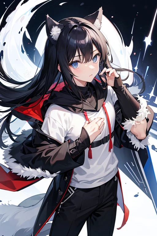 39 years old。Black Hair。Husky dog with furry ears。Blue eyes。Cool impression with narrow eyes。Handsome。He's like a really reliable older brother.。There are two big, cool huskies around.。uncle。