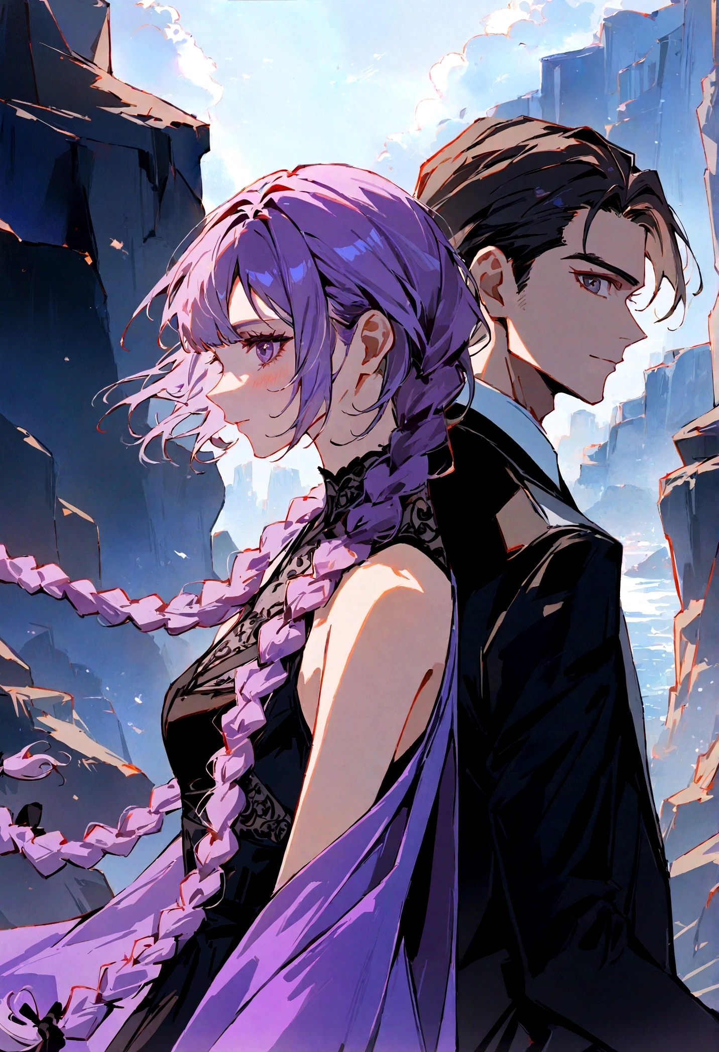 Two people, One girl and one guy, good looking, Girls Double Braids, White to purple gradient hairsmiling, Back to Back, Profile, side by side on a rocky cliff, Next Generation, Genesis Background, ƒ/1.9, 8k, UHD, highres, best quality, high details