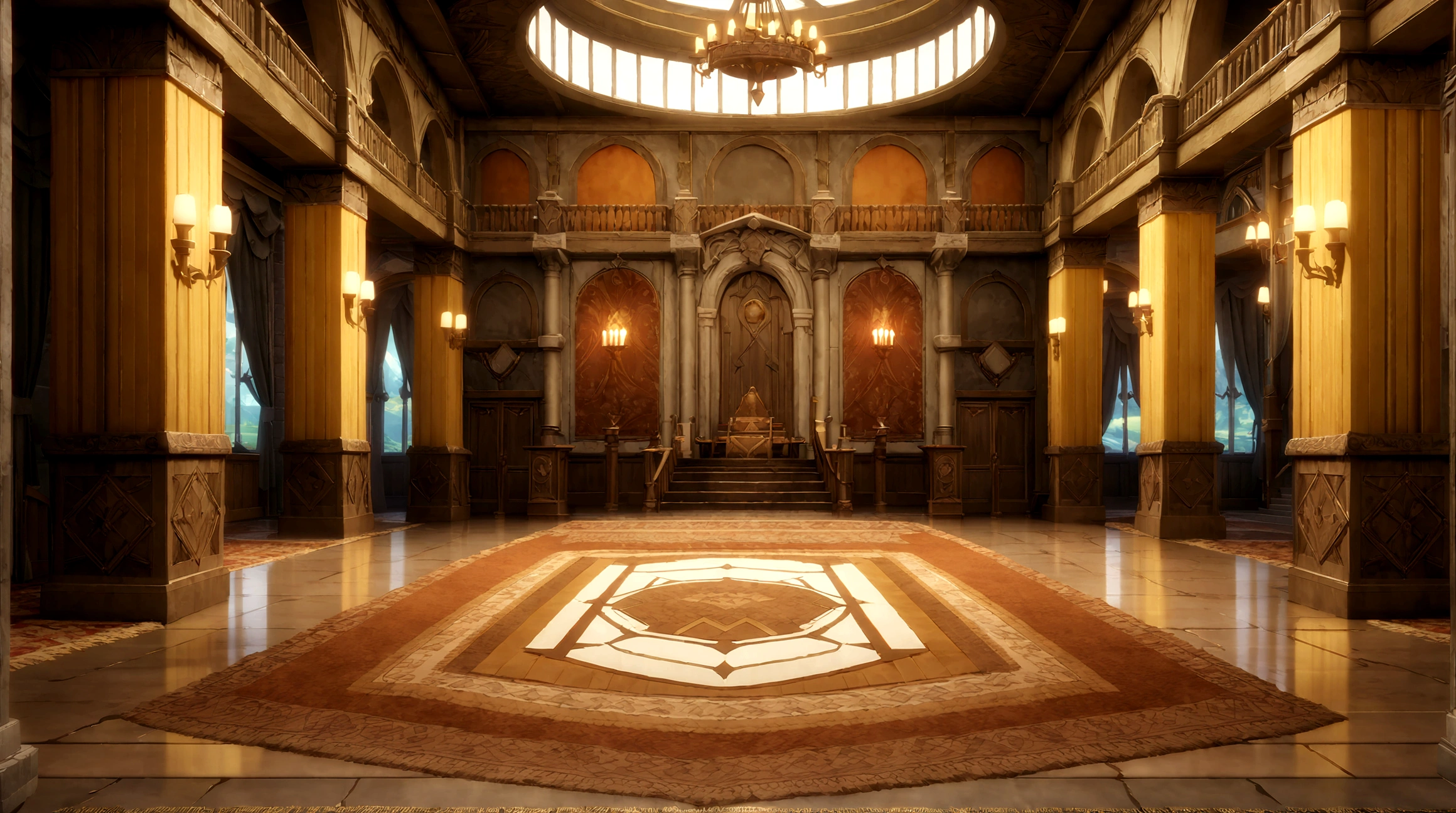 anime aestrrics, game render, anime lanscape, nord architecture, hall of fame, banners on the wooden collumns, fireplace iin the center, throne room, throne on the back of the room, heroic atmosphere, ornate carpet on the floor, dining hall, jarls keep, wide shot, highres, 4K, 8k, best quality, award winning, super detail, masterpiece
