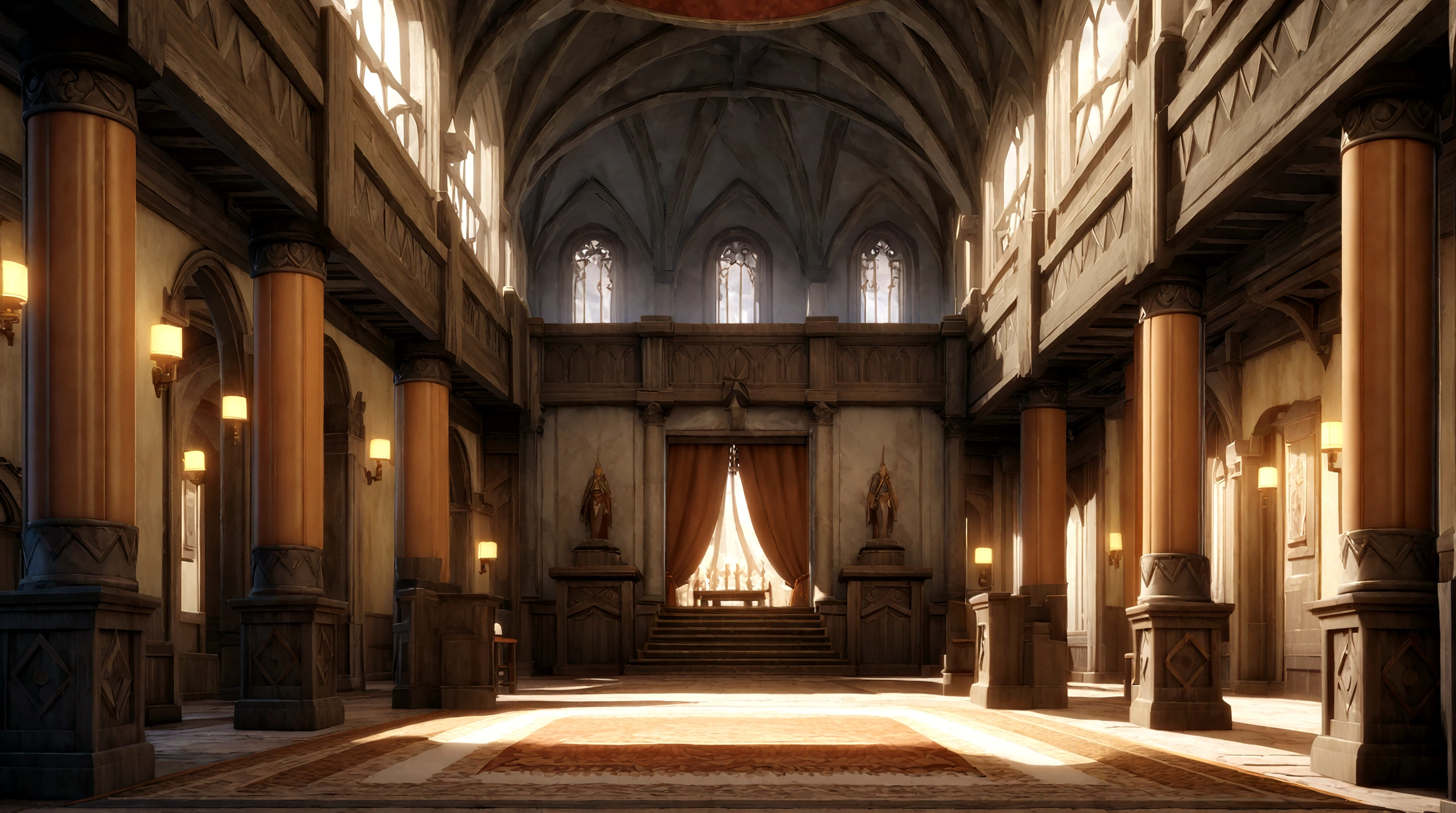  anime aestrrics, game render, anime lanscape, nord architecture, hall of fame, banners on the wooden collumns, fireplace iin the center, throne room, throne on the back of the room, heroic atmosphere, ornate carpet on the floor, dining hall, jarls keep, wide shot, highres, 4K, 8k, best quality, award winning, super detail, masterpiece