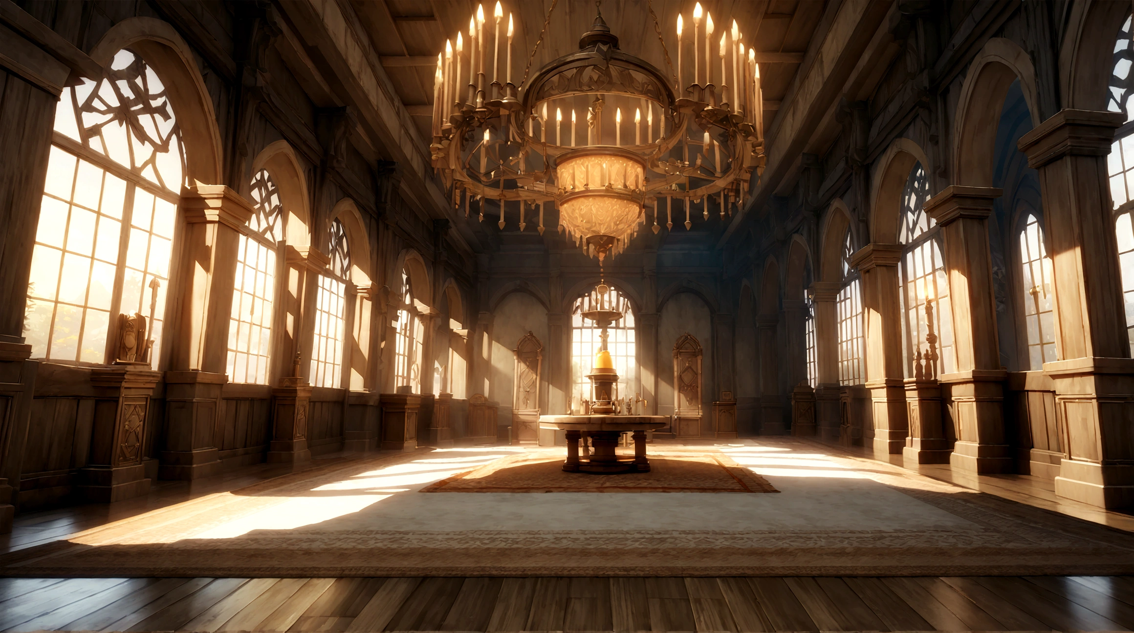 anime aestrrics, game render, anime lanscape, nord architecture, hall of fame, banners on the wooden collumns, fireplace iin the center, throne room, throne on the back of the room, heroic atmosphere, ornate carpet on the floor, dining hall, jarls keep, wide shot, highres, 4K, 8k, best quality, award winning, super detail, masterpiece