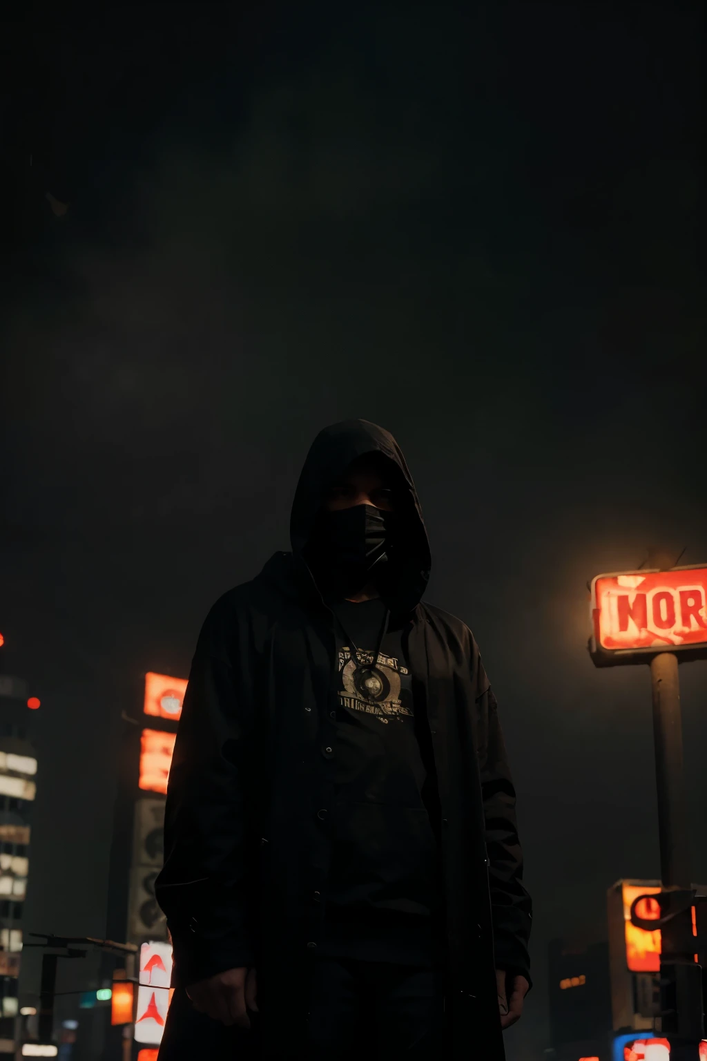 The cityscape is dark and oppressive, with towering, decaying skyscrapers shrouded in smog. Neon signs flicker with broken, half-lit advertisements. The streets below are crowded with people dressed in tattered clothes, moving hurriedly through the shadows. In the foreground, a lone figure in a hooded cloak stands under a broken streetlight, watching the chaos unfold. Drones hover overhead, their red lights scanning the crowd. The atmosphere is bleak, with a sense of despair and tension permeating the air.