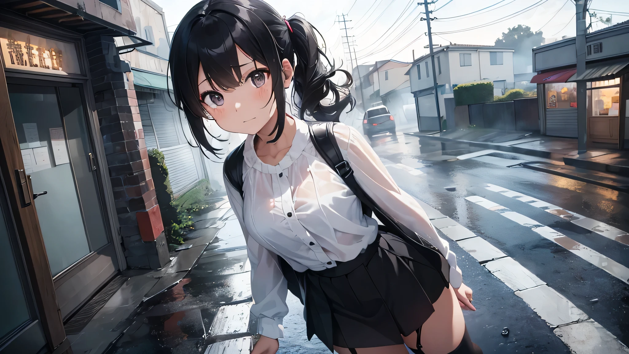 8k,masterpiece,highest quality,Hyper Detail,Realistically,Realistically,Highly detailed face,Movie light,Light,Raytracing,Illumination Hair,
Cloudy road,corner store,fog and heavy rain,A girl with black hair and black eyes stood in the middle of the road and cried..。She is wearing a black convertible jacket,White blouse,Black short skirt and black garter belt,Rain-soaked clothes,black exposure,Depth of written boundary(Degree ),cinema lens lighting,