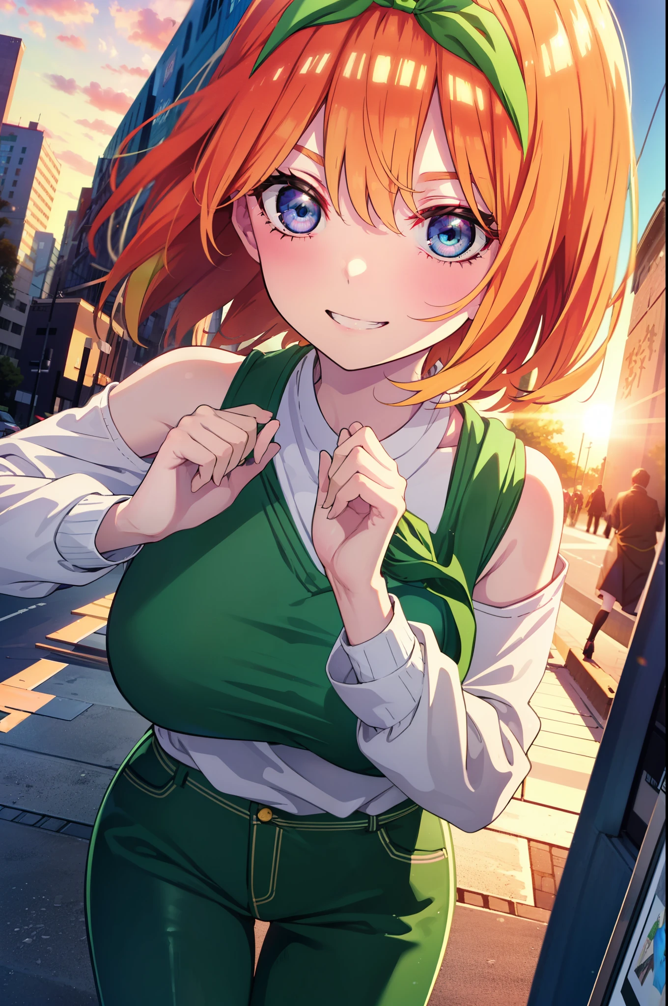 yotsubanakano, yotsuba nakano, bangs, short hair, blue eyes, Hair between the eyes, hair ribbon, hair band, Orange Hair, (Green ribbon:1.5), smile, Grin,Cold shoulder tops,skinny pants,Stiletto heels,Walking Sunset,evening,The sun is setting,whole bodyがイラストに入るように,
break outdoors, In town,Building district,
break looking at viewer, whole body,
break (masterpiece:1.2), highest quality, High resolution, unity 8k wallpaper, (figure:0.8), (Beautiful fine details:1.6), Highly detailed face, Perfect lighting, Highly detailed CG, (Perfect hands, Perfect Anatomy),