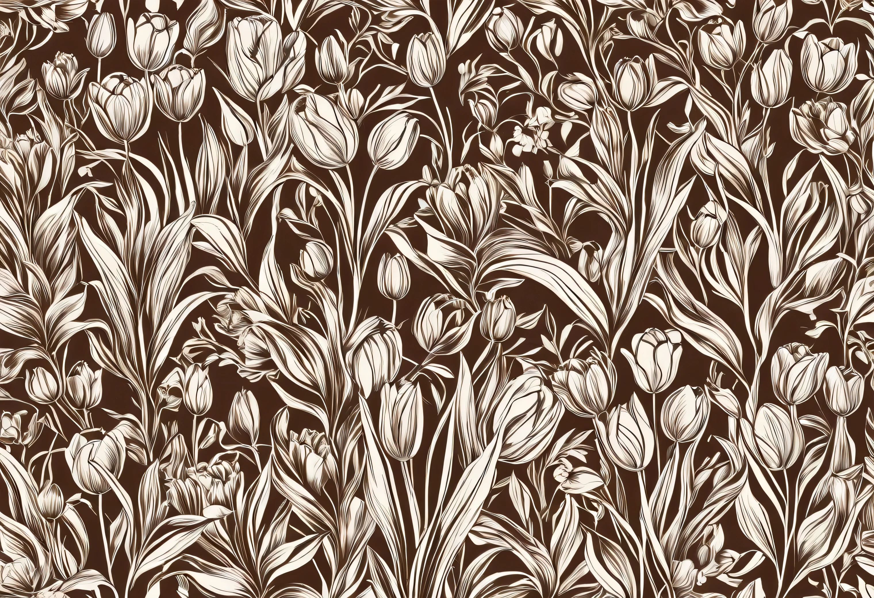 The seamless pattern is full of tulips flowers and hand-drawn illustrations for fashion, fabrics, and all other prints on brown backgrounds. High resolution 8k