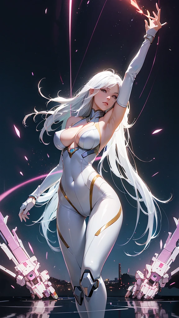((girl, Mecha)), Glowing eyes, Delicate face, Armor damage, Mechanical aura, Mechanical arm, white hair, long hair, Ceramic body, Thigh gap,Network Background, Very nice city, (translucent, Reflective leather), 8K, best quality, Super detailed, (Surrealism: 1.4), 丰full胸部, elegant gesture, Sexy slender legs,(Very slim figure:1.3),Huge breasts:1.4 Huge breasts:1.4,full, Firm breasts,Showing cleavage,Nipple protrusion,Belly button full breasts, Large Breasts, Slender sexy legs,Put your hands behind your head((Clear nipples))、Rocket , (Large Breasts),(because I'Thin)