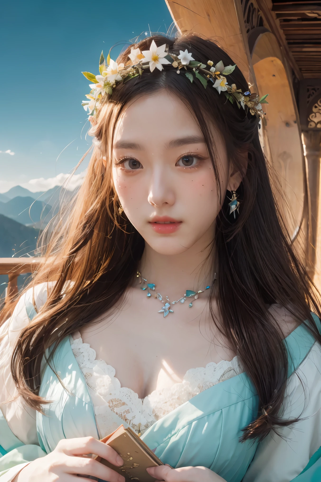 (high quality:1.4), (best quality:1.4), (masterpiece:1.4), official art, official wallpaper, surreal, beautifulgoddess, (1woman:1.1), (long wavy hair:1.1), (flower crown:1.1), (mystical creatures:1.1), (floating islands:1.1), (detailed landscape:1.1), (magic in the air:1.1), (stardust:1.1), night sky, (whimsical atmosphere:1.1), (dreamlike world:1.1), (bubbles:1.1), flying books, (luna moths:1.1), (moonlight:1.1), enchanted forest, (wisdom:1.1), (powerful energy:1.1), (guardian angels:1.1), (peaceful:1.1), vibrant colors, (detailed:1.05), (extremely detailed:1.06), sharp focus, (intricate:1.03), cinematic lighting, (extremely intricate:1.04), (epic scenery:1.09), vibrant colors, (beautiful scenery:1.08), (detailed scenery:1.08), (intricate scenery:1.07), (wonderful scenery:1.05),, (sharp focus,absurdres,high quality,masterpiece,highres,best quality:1.5)
