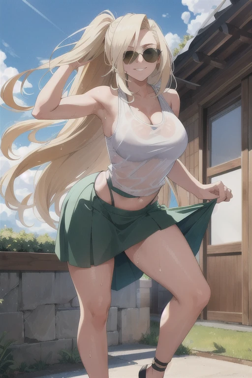 masterpiece, (sharp focus), a young woman with long blond hair, hair strain in between eyes, age 23, cool haircut, wearing sunglasses, white tank top, (see through tank top, wet tank top), flowing green skirt, front view, confident smirk, sunbeams, warm atmosphere, high quality, dynamic lighting, 8k uhd, full-size picture, full-body picture, (perfect hands)