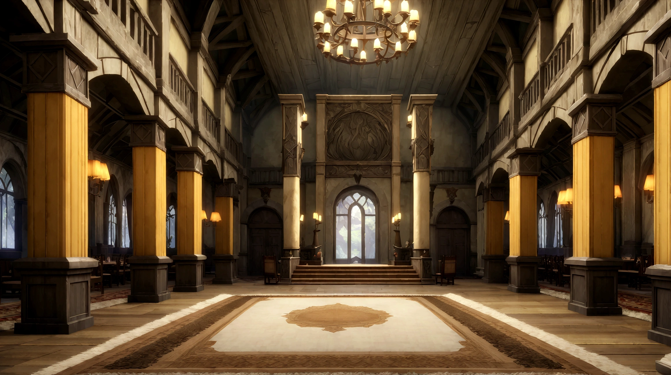 anime aestrrics, game render, anime lanscape, nord architecture, hall of fame, banners on the wooden collumns, fireplace iin the center, throne room, throne on the back of the room, heroic atmosphere, ornate carpet on the floor, dining hall, jarls keep, wide shot, highres, 4K, 8k, best quality, award winning, super detail, masterpiece