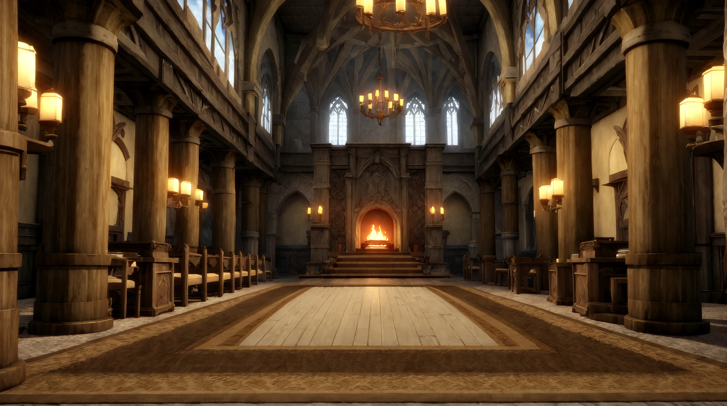  anime aestrrics, game render, anime lanscape, nord architecture, hall of fame, banners on the wooden collumns, fireplace iin the center, throne room, throne on the back of the room, heroic atmosphere, ornate carpet on the floor, dining hall, jarls keep, wide shot, highres, 4K, 8k, best quality, award winning, super detail, masterpiece