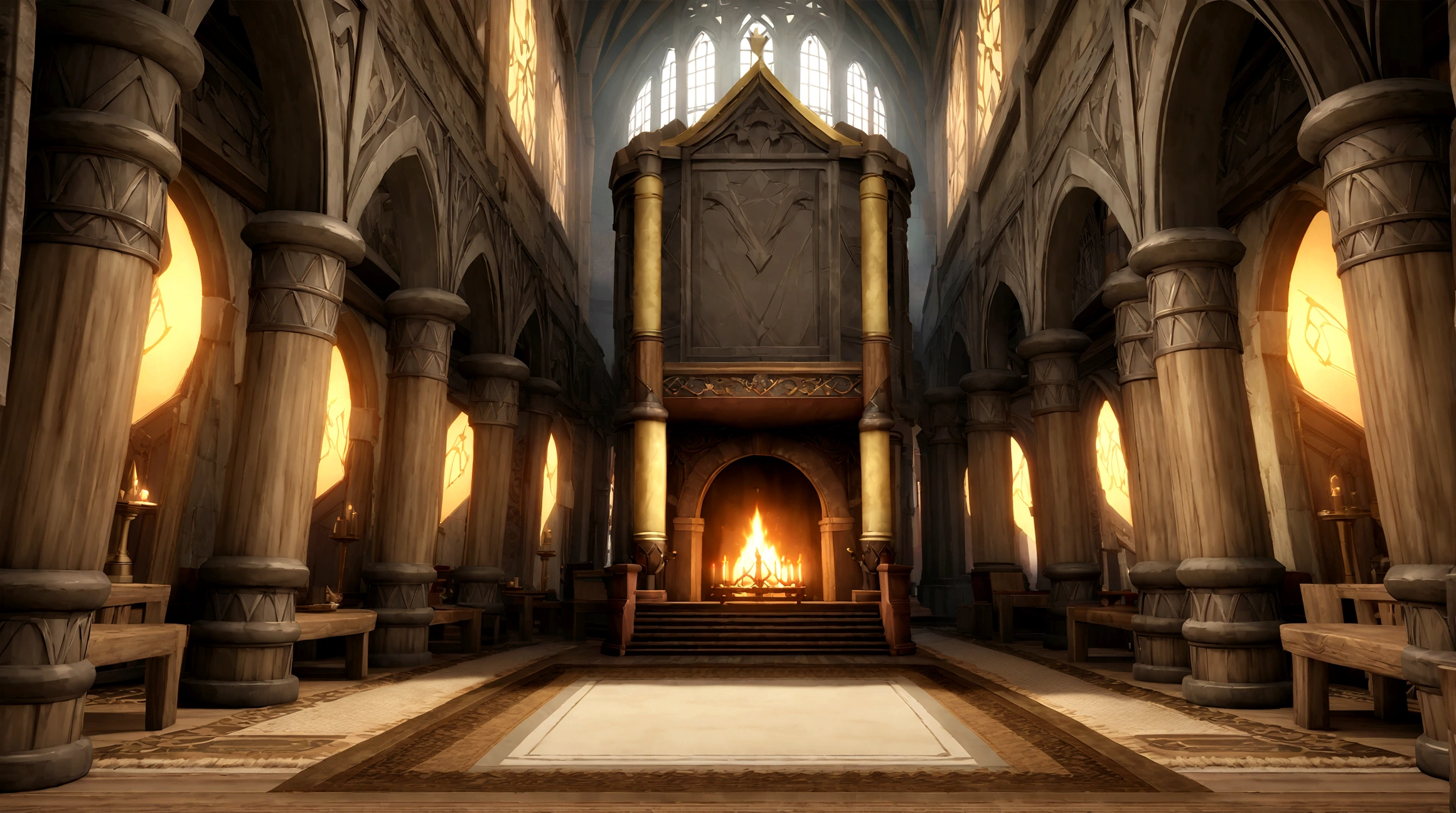  anime aestrrics, game render, anime lanscape, nord architecture, hall of fame, banners on the wooden collumns, fireplace iin the center, throne room, throne on the back of the room, heroic atmosphere, ornate carpet on the floor, dining hall, jarls keep, wide shot, highres, 4K, 8k, best quality, award winning, super detail, masterpiece
