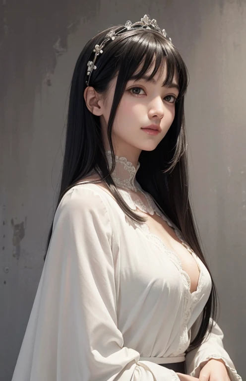 (Surreal), (illustration), (Improve resolution), (8K), (Very detailed), (Best illustration), (Beautiful and delicate eyes), (best quality), (Super detailed), (masterpiece ), ( wallpaper), (Delicate face), Solitary, 1 girl, looking at the audience, fine details, Delicate face, in the darkness, Deep Shadows, Low profile, purebred face_V1, Smile, long hair, Black shawl straight hair , Side bangs , plump breasts