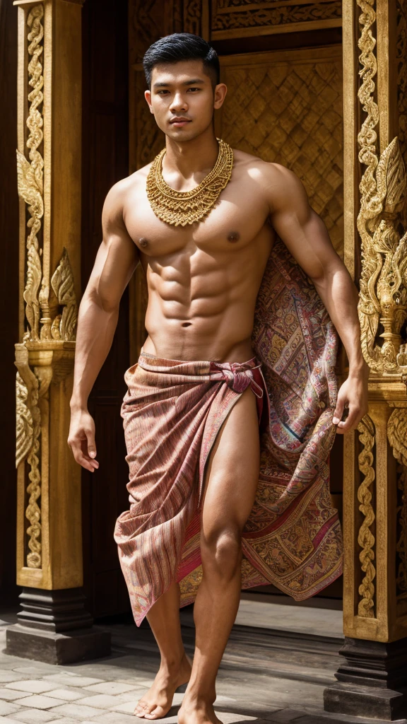 a young man, Indonesian, age 20, perfect face, sharp nose, beautiful lips, perfect body, natural muscles, whole body, dashing, slim body, abdominal muscles, wearing a sarong, traditional Balinese sarong, jewelry ditel, crown, sandals, background behind cadi, focus model, model photo, model pose, very high quality, high definition