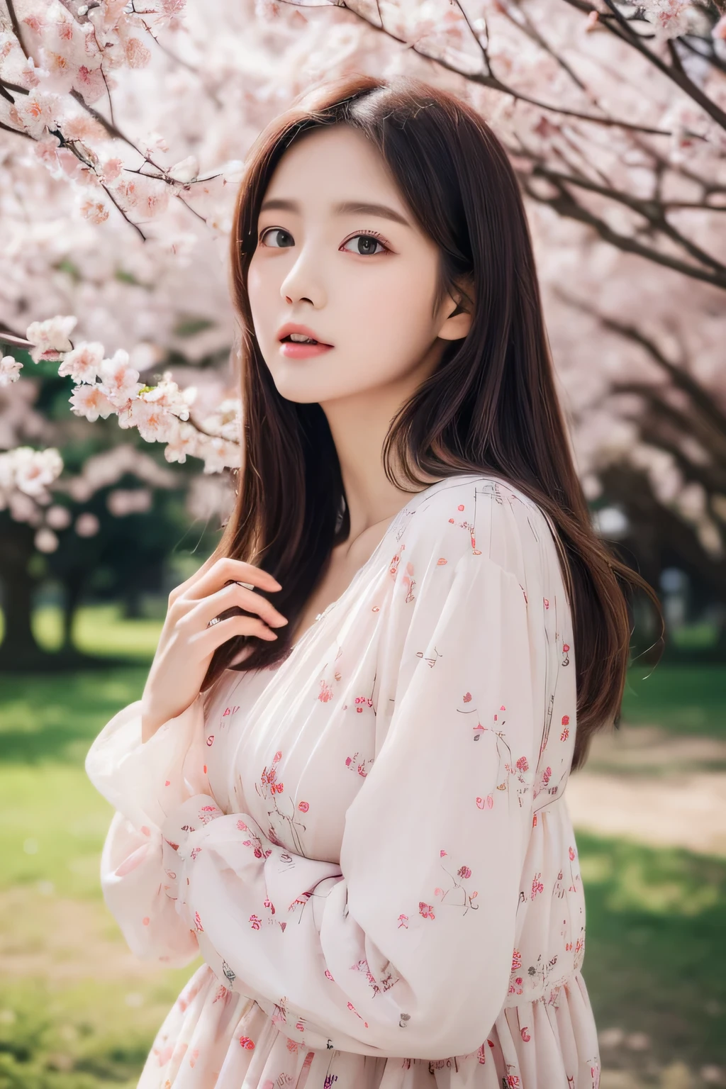 (8K、original photography、Top quality、masterpiece:1.2)、29 years old、Japanese、1 girl in、transparency、A park、Standing、cherry blossoms in bloom、Wearing a long-sleeved dress、Casual fashion、a delicate face、Delicate eyes、Detailed mouth、Not sure