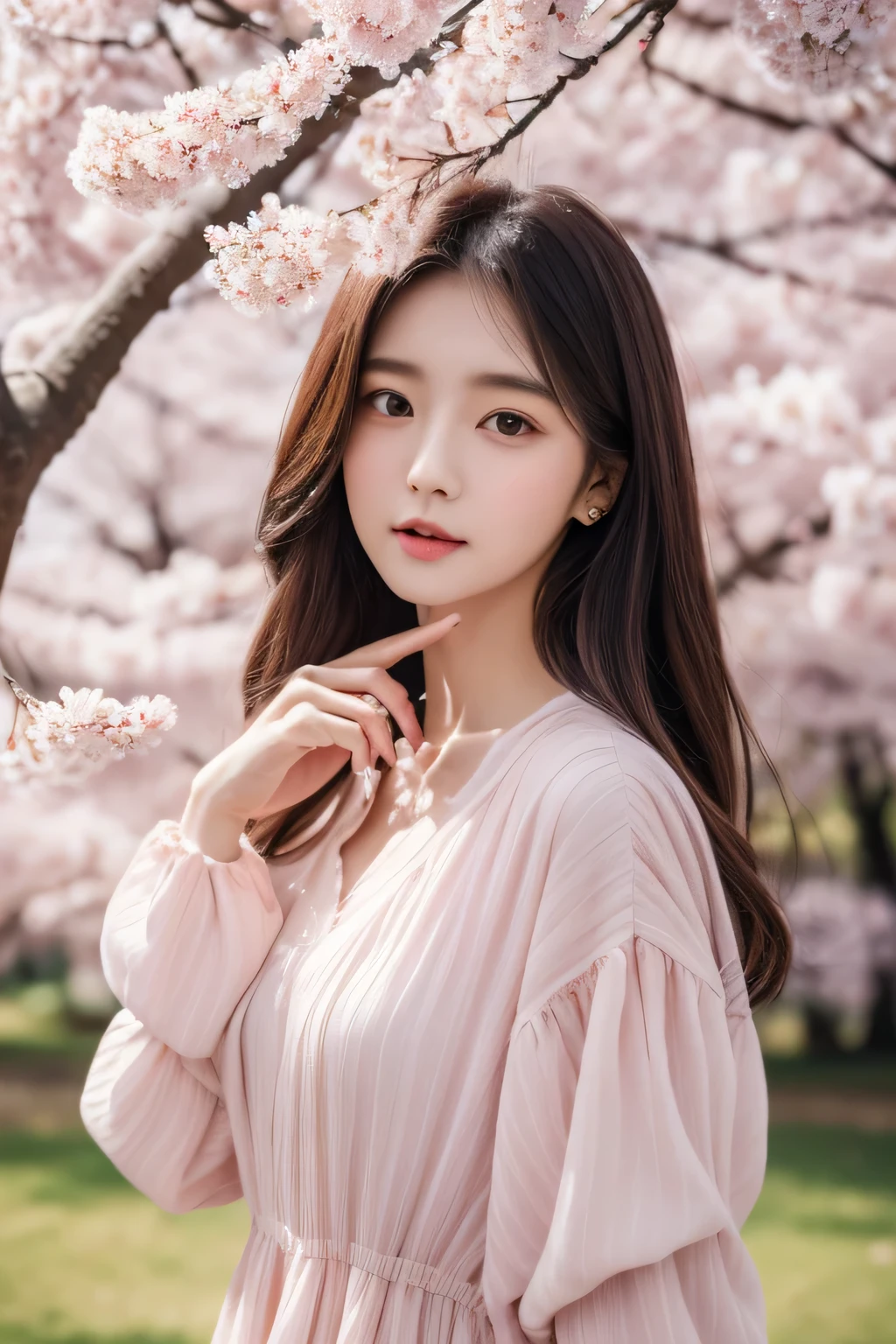 (8K、original photography、Top quality、masterpiece:1.2)、29 years old、Japanese、1 girl in、transparency、A park、Standing、cherry blossoms in bloom、Wearing a long-sleeved dress、Casual fashion、a delicate face、Delicate eyes、Detailed mouth、Not sure