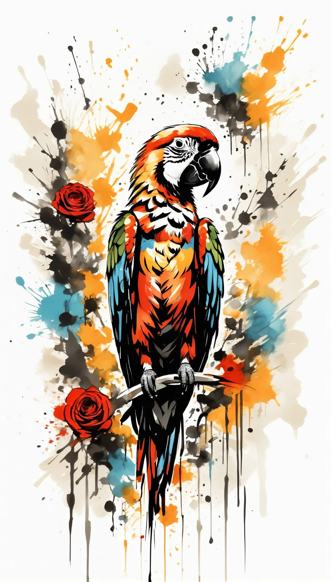 Vector Art, Colorful illustration with parrot and roses, In the center, Vibrant colors，Graffiti Art，ink splatter，Wild and unrestrained，rich and colorful，visual impact,Modern aesthetic super detailed,
