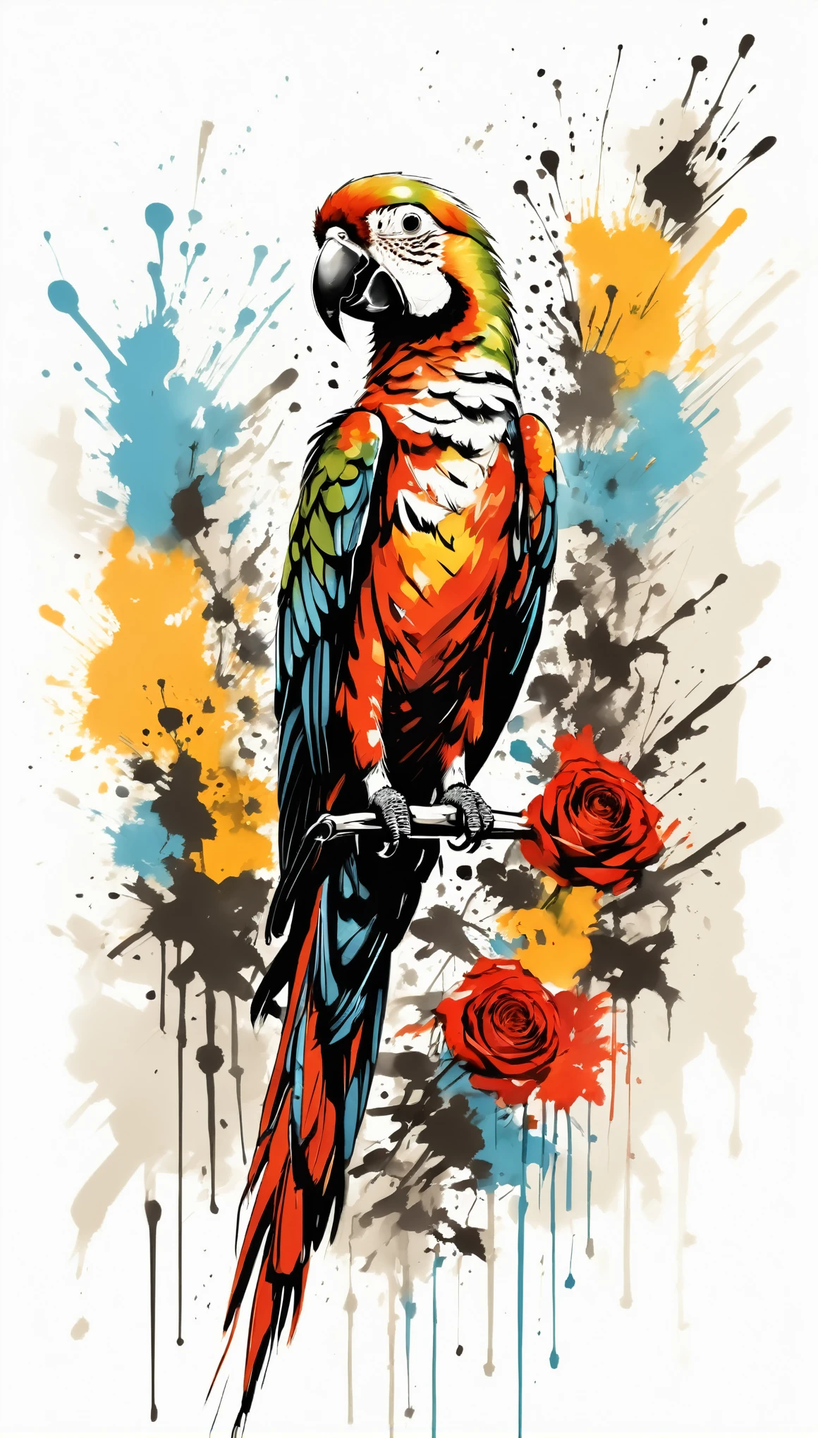 Vector Art, Colorful illustration with parrot and roses, In the center, Vibrant colors，Graffiti Art，ink splatter，Wild and unrestrained，rich and colorful，visual impact,Modern aesthetic super detailed,
