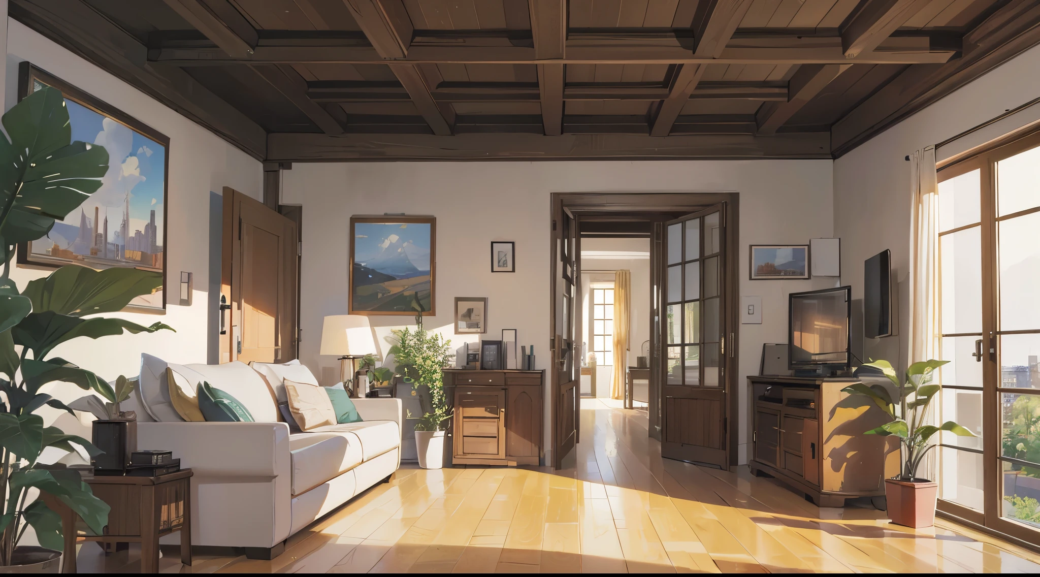 (Best quality, 4K, 8K, high resolution, masterpiece: 1.2), extremely detailed, (no one: 1.5), indoor, living room, cozy indoor, potted plants