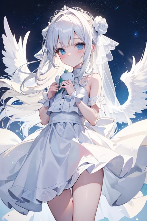 A beautiful, pure white albino girl wearing a pure white wedding dress with pure white angel wings is about to jump off a rooftop in a city with a beautiful starry sky, holding a pure white stuffed rabbit.。