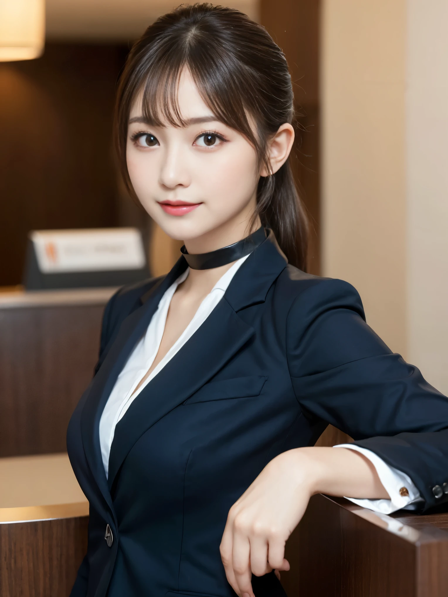 Tabletop, highest quality, Very detailed, finely, High resolution, 8k wallpaper, Perfect dynamic composition, Beautiful and beautiful eyes, Natural Lip,blazer , Dark blue business suit , Big Breasts, whole body , Black choker , parlor , Natural Makeup, beauty secretary , smile, Japanese women , bangs , ponytail、I work at the hotel reception.、hotel lobby