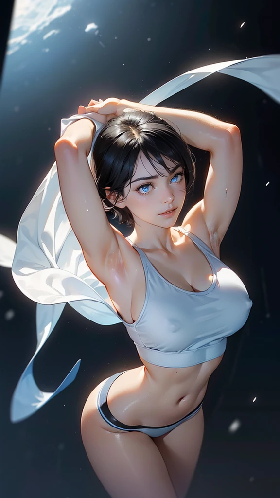 ((masterpiece, best quality, Ultra-high resolution)), (((Girl in sportswear, Blue Japanese ladies gym short hair, Deep black hair))), cut long hair, Pale skin, ((brown Eye)), Luminescence_Eye, neon Eye, (ultra detailed Eye:0.7, Beautiful and delicate face, detailed Eye:0.9), ((Center)), ((Lovely smile, beautiful)), For the audience, eye level, ((vibrant background, Snow Scene, city View, snow)), flat chest, looking at the audience, ((half closed Eye)), ((Perfect hands)), (((head:1, arms, Hips, elbow, in sight))), ((Put your hands behind your back)), empty Eye, Beautiful Lights, external, outdoor, background, clear topic, 18 years old, (head tilt),(Very slim figure:1.3),Huge breasts:1.4 Huge breasts:1.4,full, Firm breasts,Showing cleavage,乳head突出,Belly button full breasts, Large Breasts, Slender sexy legs,Put your hands behind your head((Clear nipples))、Rocket , (Large Breasts),(because I'Thin)