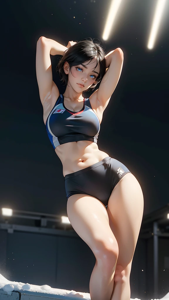 ((masterpiece, best quality, Ultra-high resolution)), (((Girl in sportswear, Blue Japanese ladies gym short hair, Deep black hair))), cut long hair, Pale skin, ((brown Eye)), Luminescence_Eye, neon Eye, (ultra detailed Eye:0.7, Beautiful and delicate face, detailed Eye:0.9), ((Center)), ((Lovely smile, beautiful)), For the audience, eye level, ((vibrant background, Snow Scene, city View, snow)), flat chest, looking at the audience, ((half closed Eye)), ((Perfect hands)), (((head:1, arms, Hips, elbow, in sight))), ((Put your hands behind your back)), empty Eye, Beautiful Lights, external, outdoor, background, clear topic, 18 years old, (head tilt),(Very slim figure:1.3),Huge breasts:1.4 Huge breasts:1.4,full, Firm breasts,Showing cleavage,乳head突出,Belly button full breasts, Large Breasts, Slender sexy legs,Put your hands behind your head((Clear nipples))、Rocket , (Large Breasts),(because I'Thin)
