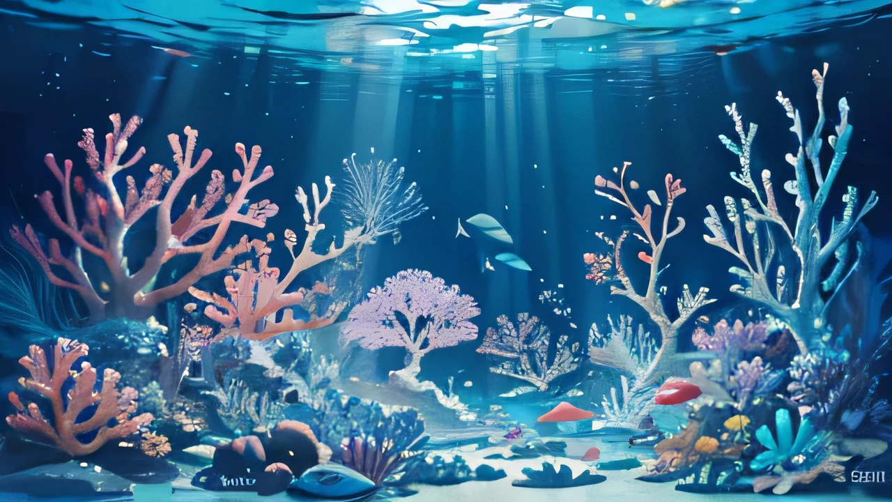 Underwater scene, Vibrant coral reefs, Tropical fish swimming in water, Sunlight shines through the water, Sparkling waves, Colorful marine life, Fish School, Elegant turtles, Glittering shells, Beautiful movements, Peace and tranquility, Ethereal Beauty, Bright colors, realistic details, Deep in the Ocean, Crystal clear, Fascinating underwater world, Fascinating underwater plants, Mysterious shadows, Gentle water flow, Hidden treasure, Sparkling veiled anemone, The intricate seabed, Soft sand, Elegant swaying seaweed, Playful dolphins, Strange Creatures, Peaceful atmosphere, A vibrant marine ecosystem, Surreal underwater landscape, Glittering bioluminescence, calm silence, Amazing underwater adventure. (best quality, High resolution, Extremely detailed:1.2), HDR lighting, vibrant color palette.
